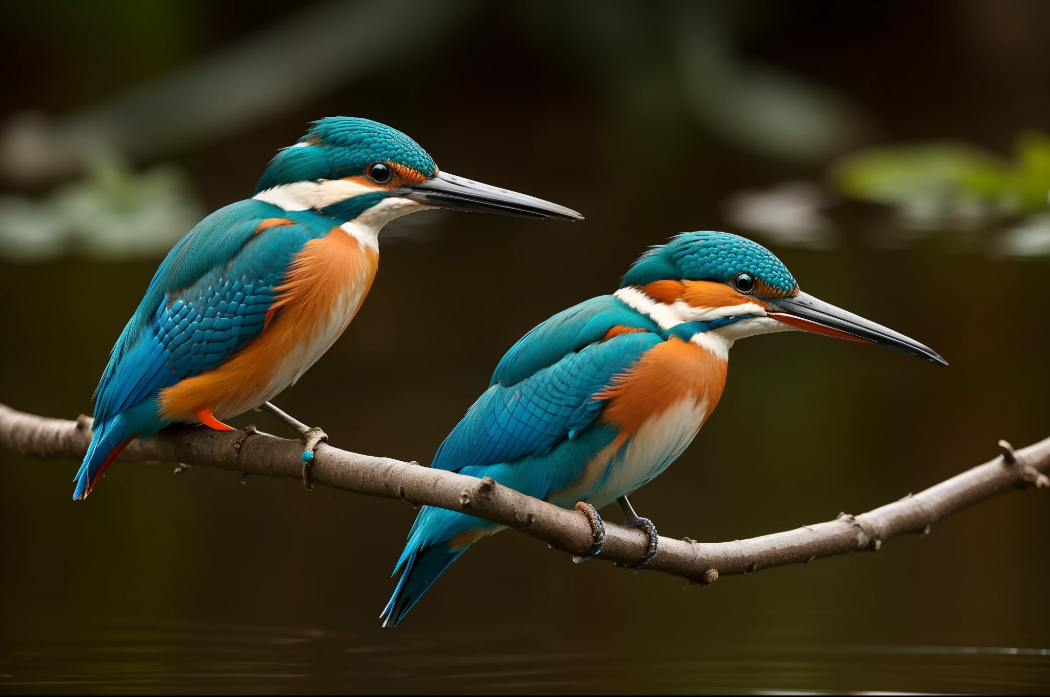 The colorful kingfisher, electric blue and orange, perched patiently on the branch over the pond, still, focused, waiting to dive and snatch a glimmering fish from below the surface.