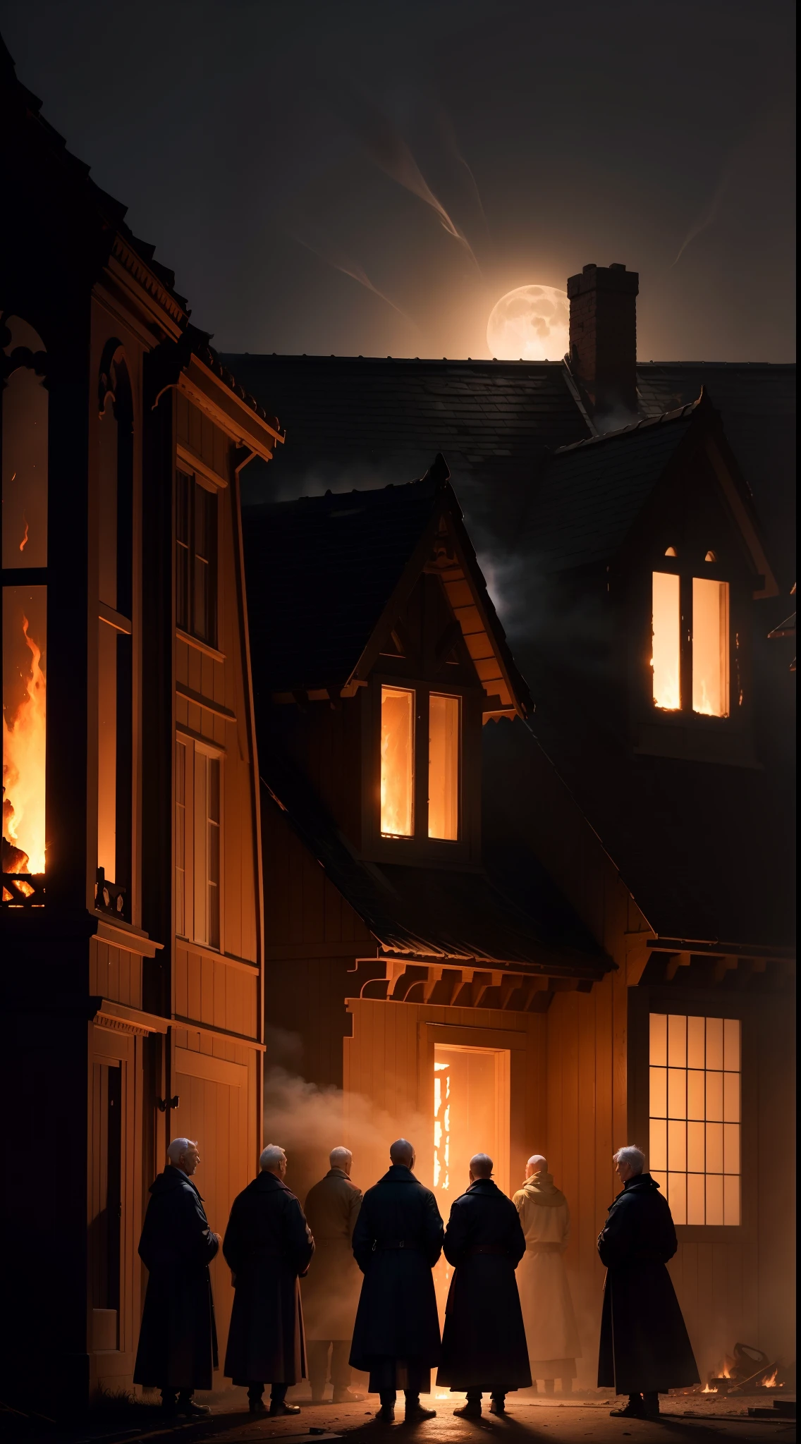 a older priest and others stand outside watching as a house that is on fire, its burning, there is a lot of fire and flames, flames are coming out of the broken windows, it's night time, dark, fog, full moon, close up of face, 1600s