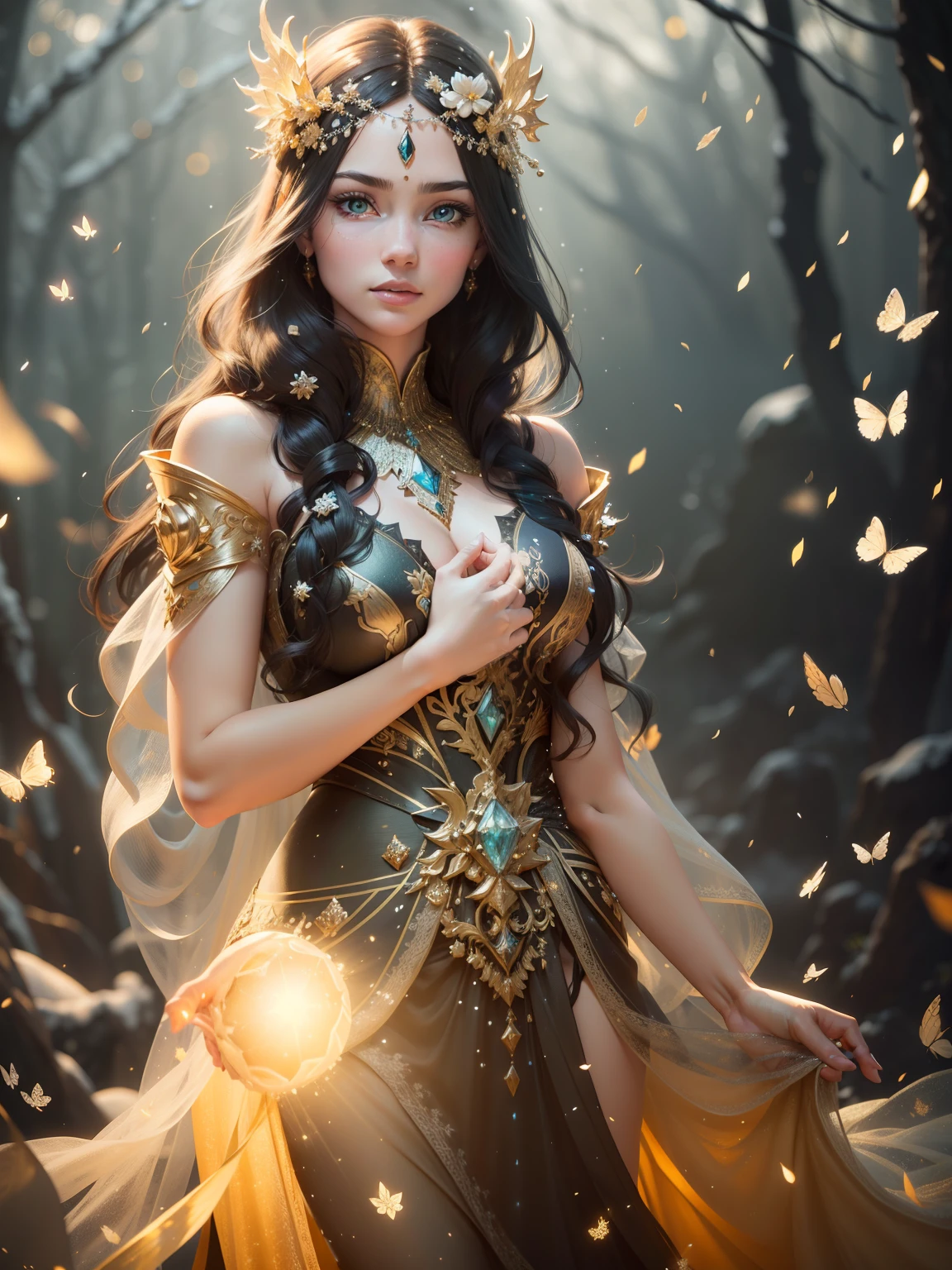 A graceful black-haired winter queen, dew and frost, bar lighting, stands in a sunlit clearing in winter, her braded drill hair cascading down her back, as butterflies and ice crystals flutter around her, hyper-detailed black Chiaroscuro dress and hair, ice-pink blue and yellow butterflies, Beautiful Woman full head-to-toe portrait, medium full shot Portrait, perfect detailed face, detailed symmetric blue-green eyes with circular iris soft natural lighting, symmetrical, natural skin texture, soft lighting, detailed face, photorealism, soft pastel colors sparkling, looking into the camera, frosty snowy background, photorealistic painting, sharp focus, 8k, perfect composition, trending on artstation, award-winning photograph, unreal engine 5, cinematic smooth, intricate detail, studio photo, highly detailed. simple background, gold filigree dress hyper-detail, gesturing to the sun, flowing black gown, nice body, {{full body}}, Davinci, hair with dew and frost, sunlit, sparkles and frost