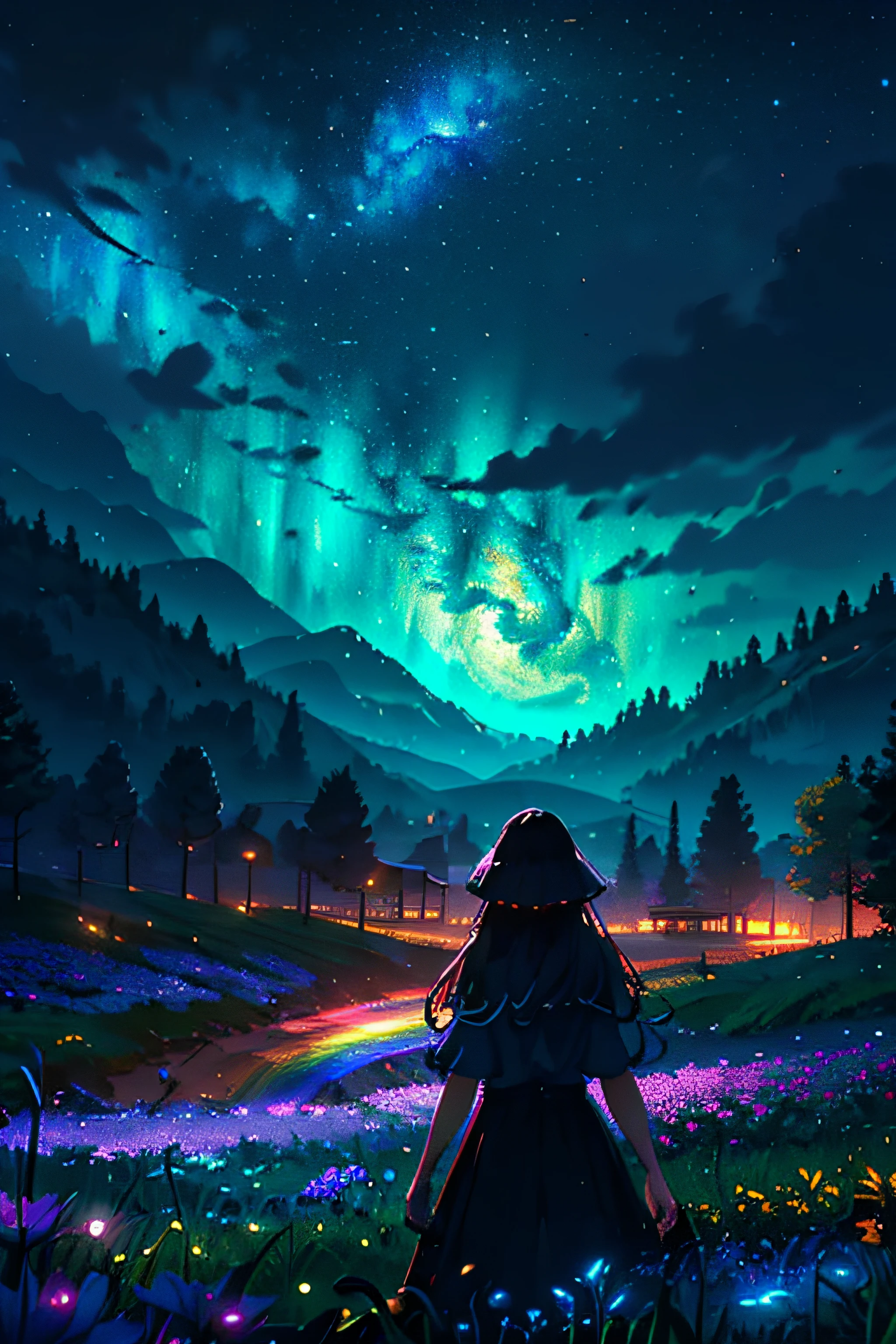 ((best quality)), ((highres)), ((4k wallpaper)), (((extremely detailed, perfect pixels))), ((UHD, RTX, HDR)), A wide landscape photo, (viewed from below, the sky is above, and the open field is below), ((a girl standing on a flower field looking up)), long hair, long skirt, (full moon: 1.2), (meteor: 0.9), (nebula: 1.3), distant mountains , Trees,Crafting Art, (Warm Light: 1.2), (Firefly: 1.2), Lights, Lots of Purple and Orange, Intricate Details, Volumetric Lighting, (Masterpiece: 1.2), (Best Quality), 4k, Ultra Detailed, (Dynamic Composition: 1.4), Rich in Detail and Color, (Rainbow Color: 1.2), (Glow, Atmospheric Lighting), Dreamy, Magical, (Solo: 1.2)