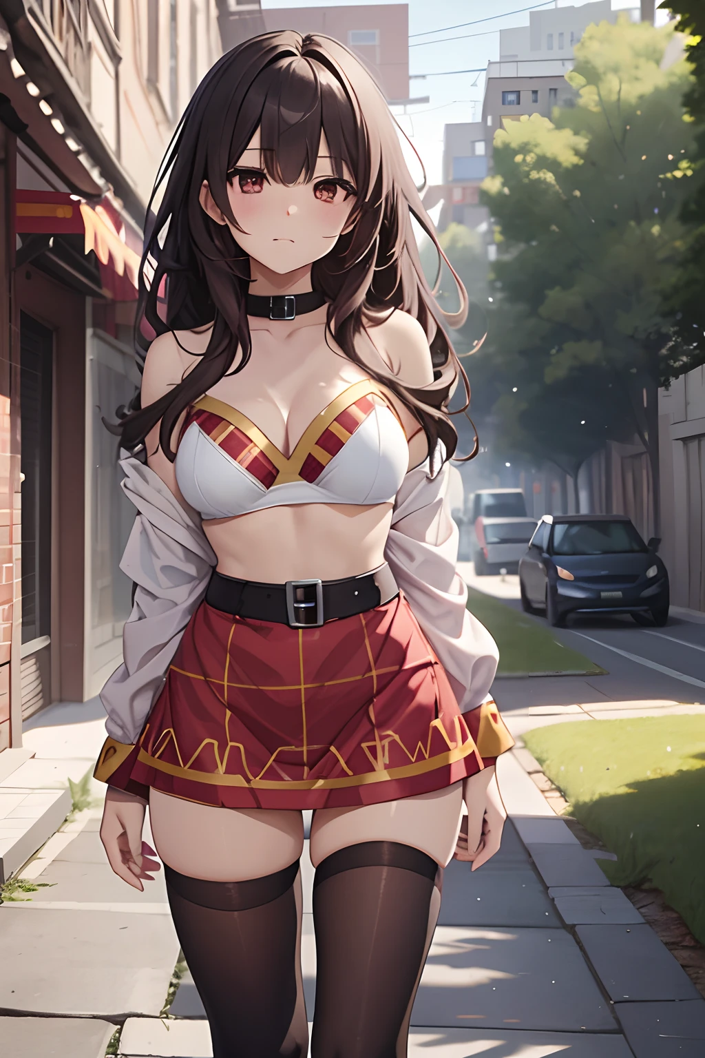 megumin, kono subarashii sekai ni shukufuku wo!, GIRL, (Masterpiece: 1.1), (Best Quality: 1.1), Upper Body Bikini, (White Bikini: 1.1), (Plaid Skirt: 1.1), High Waist Skirt, Blake [Green Grass: Pink, :0.5] Themed, (Urban Background: 1.1), Denim Lenses, Blake Silver, Long, Green Eye, Landscape,