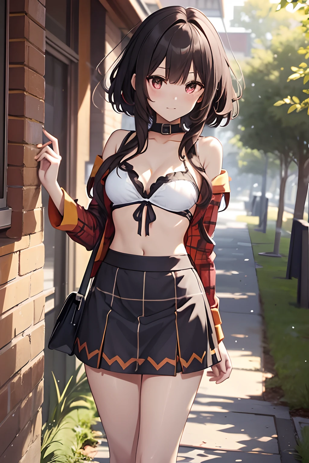 megumin, kono subarashii sekai ni shukufuku wo!, GIRL, (Masterpiece: 1.1), (Best Quality: 1.1), Upper Body Bikini, (White Bikini: 1.1), (Plaid Skirt: 1.1), High Waist Skirt, Blake [Green Grass: Pink, :0.5] Themed, (Urban Background: 1.1), Denim Lenses, Blake Silver, Long, Green Eye, Landscape,