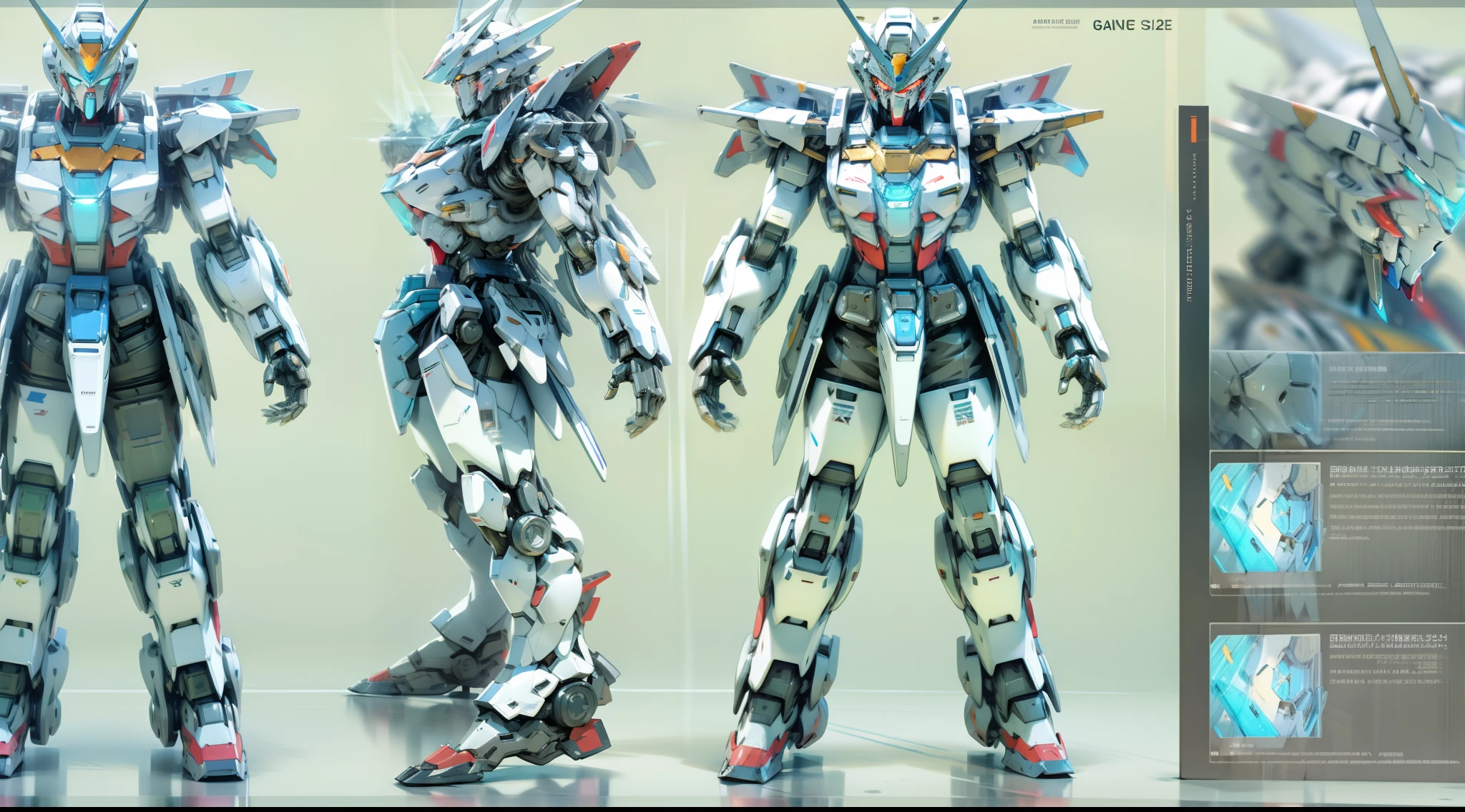 Clear glass Gundam robot, Silver ice reflective armor, High detail up to robot face, Full body view, Holographic artifacts, Each section is very detailed, High quality, 3D rendering of