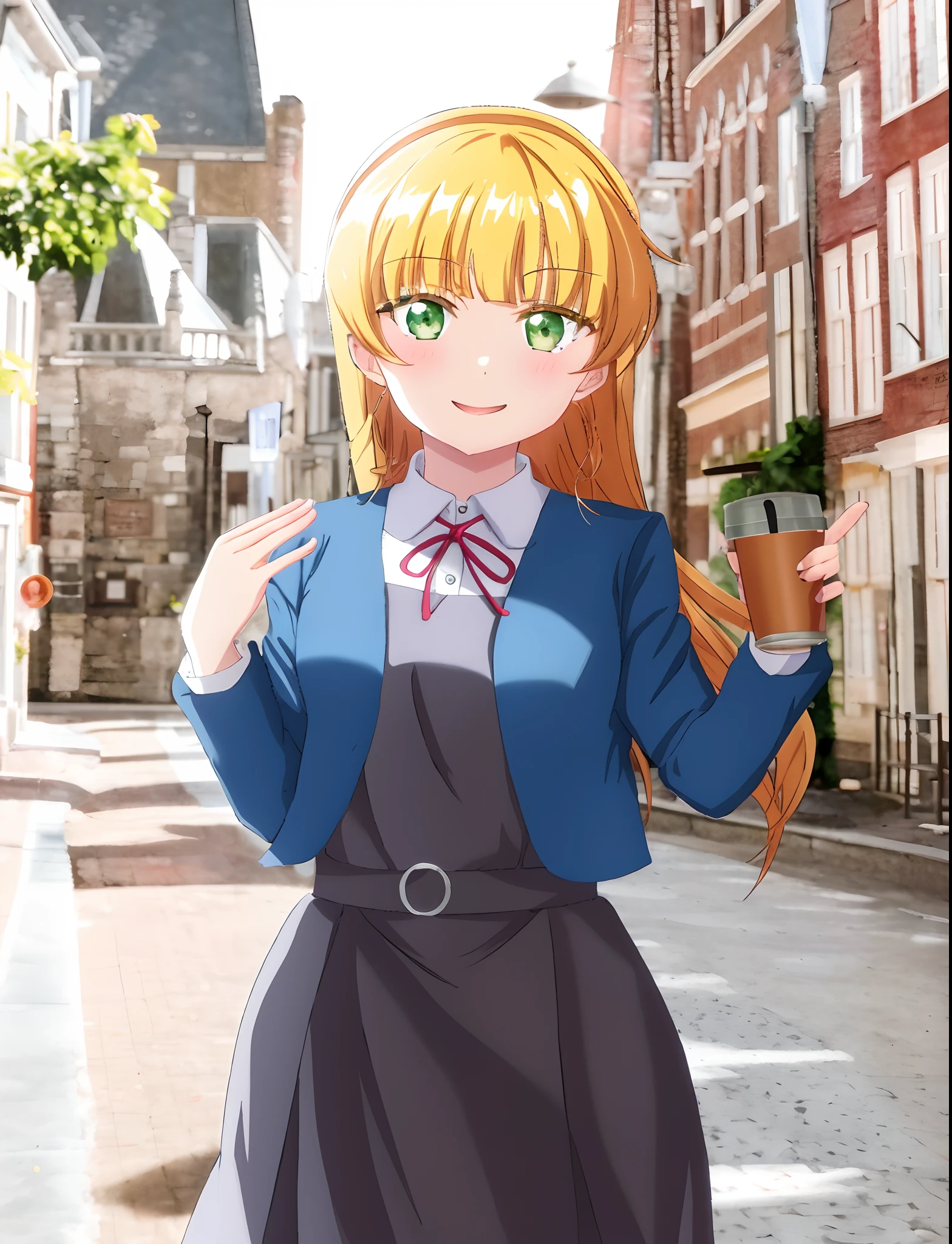 Chica de anime con una chaqueta azul y un vestido negro sosteniendo una taza, magical school student uniform, anime girl drinks energy drink, Anime Moe Artstyle, Estilo anime como el destino/stay night, en estilo anime, Joven chica anime, en un estilo anime, Rena Nounen Estilo 3/4, Hecho con Anime Painter Studio, Hermosa chica de secundaria de anime, Marin Kitagawa Fanart