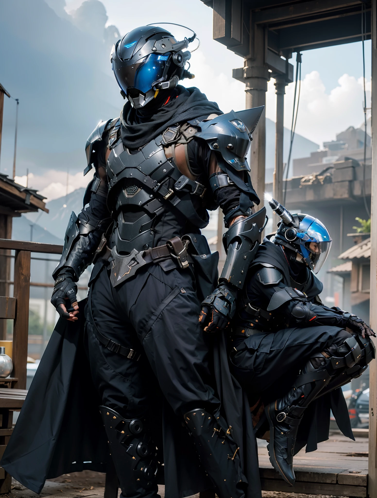 Um ninja com armadura futurista, Stable diffusion helmet with a single blue visor
