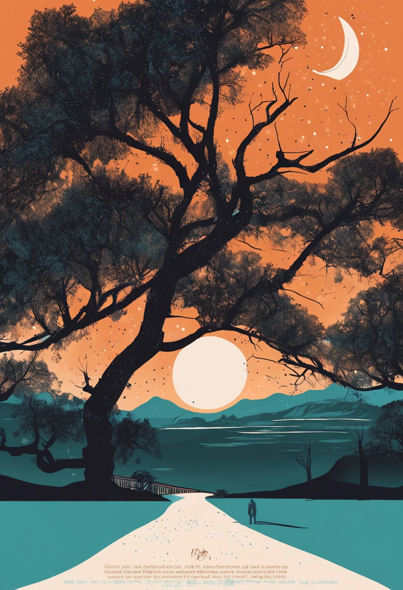 quicksand,An endless starry sky,A towering tree that glows,On the steppe,dream magical,downy,The first quarter moon