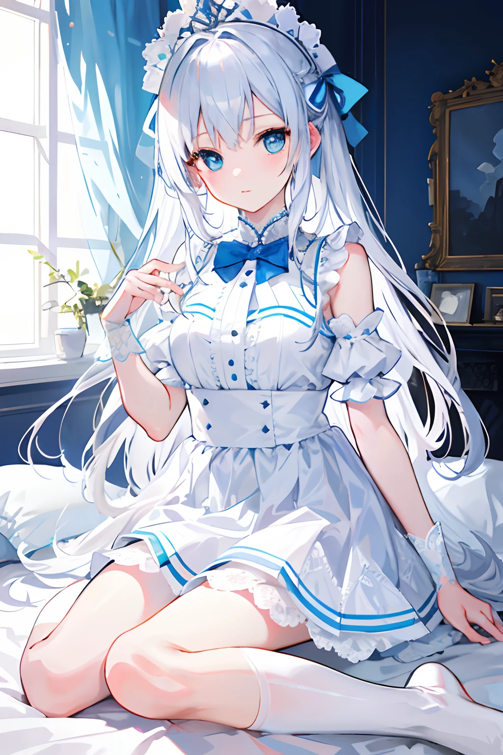 On a very large white bed, white pillows, White light, There is one girl, Sit on the bed, Wearing a white princess dress, White stockings, A blue bow is tied around the waist, There is a blue band on the wrist, blue color eyes, long white hair, Delicate facial features, Beautiful and moving, (Vivid depiction), Single braid, color difference, reflective light, hyper HD, Masterpiece, Super detail, High details, Best quality