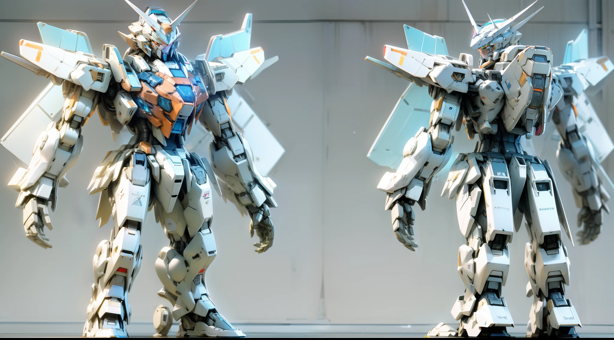 Clear glass Gundam robot, Silver ice reflective armor, High detail up to robot face, Full body view, Holographic artifacts, Each section is very detailed, High quality, 3D rendering of