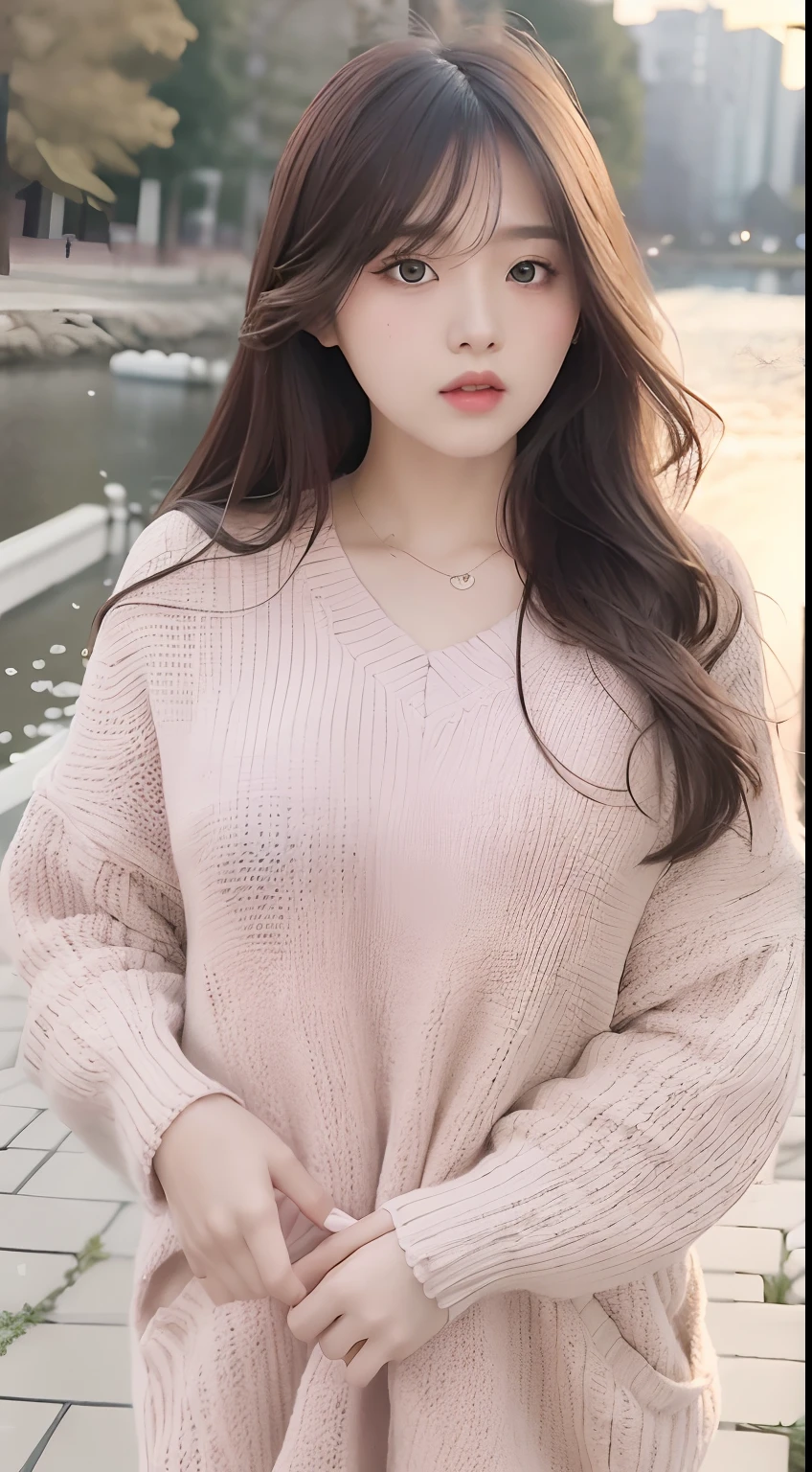 1girl walking on the river, mix4, sweater, pillow, lips, open_mouth, realistic, photo_\(medium\), solo, stuffed_animal, stuffed_toy, teddy_bear, (masterpiece), (realism: 1.3), super detailed, (High detail skin: 1.2), (Best quality: 1.0), (Ultra resolution: 1.0), (ULZZANG-6500: 0.3), wavy detail hair, long hair, sunshine, (beautiful detail makeup), (sexually aroused blush, heavy breath: 1.0), floral theme petals scattered, (soft light bloom: 0.5)