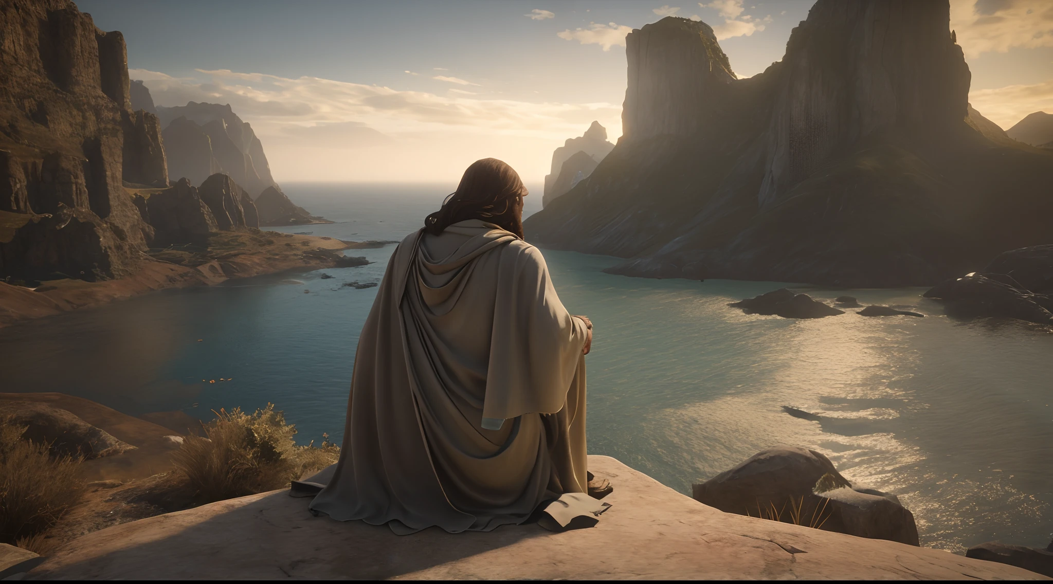 Image of Jesus sitting on a cliff overlooking a spring of waters and mountains, renderizado no Unreal Engine 5, unreal engine 5 render dramatic, renderizado 8 k octane render, Criado em Unreal Engine 5, Renderizado em 8 K Unreal Engine, Unreal Engine 5 altamente renderizado, renderizado em unreal.
