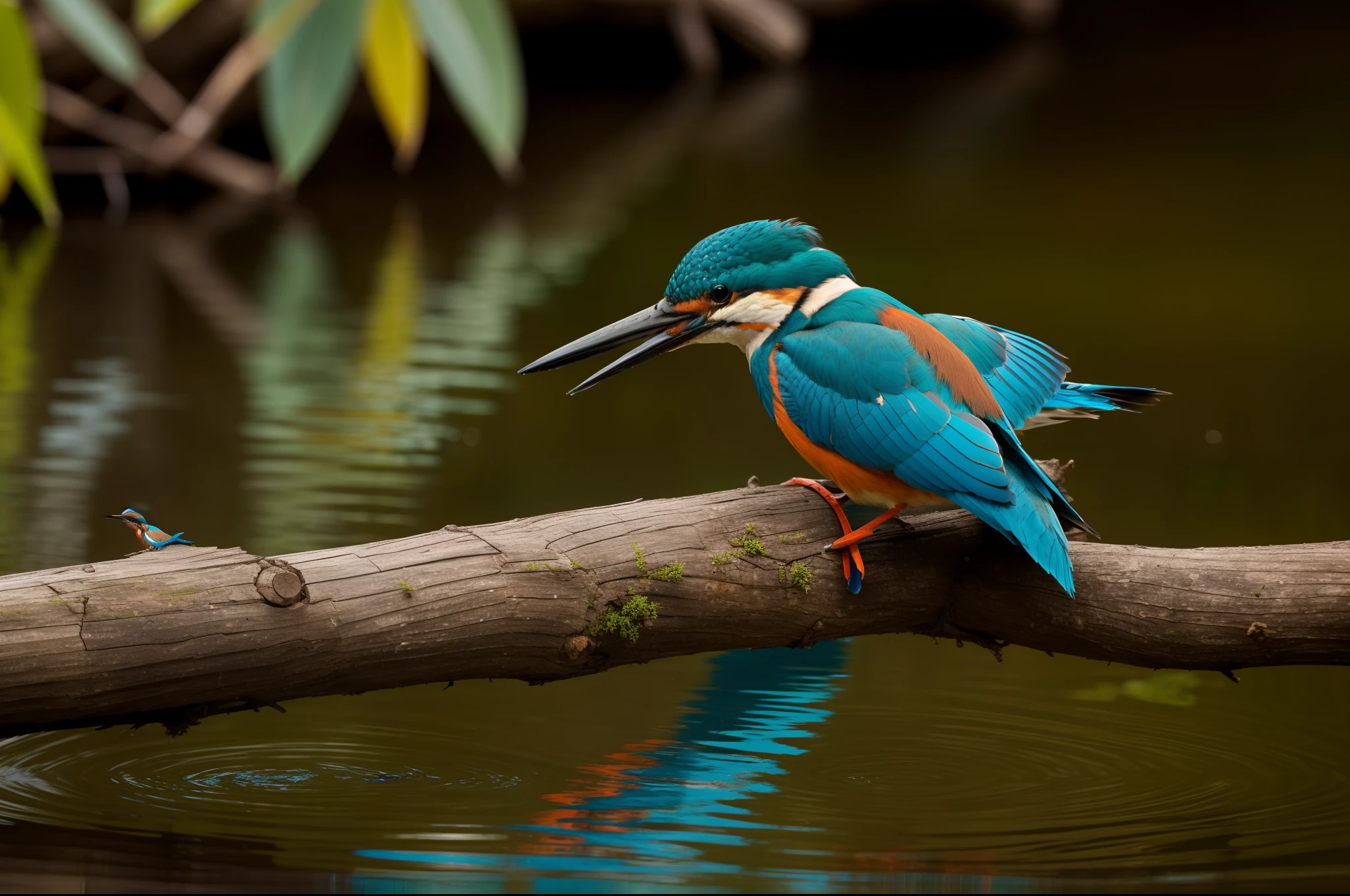 The colorful kingfisher, electric blue and orange, perched patiently on the branch over the pond, still, focused, waiting to dive and snatch a glimmering fish from below the surface.