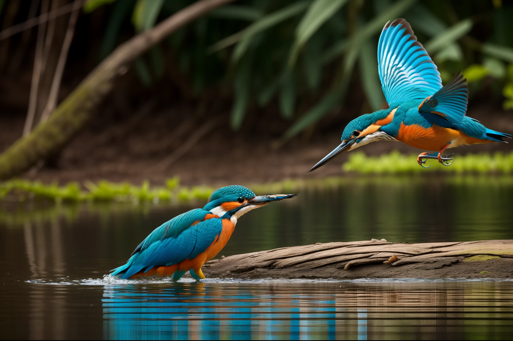 The colorful kingfisher, electric blue and orange, perched patiently on the branch over the pond, still, focused, waiting to dive and snatch a glimmering fish from below the surface.