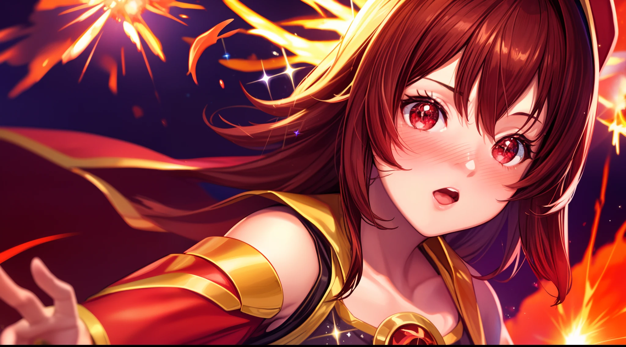 (1girl, realistic, blush, open mouth, wearing red mage outfit, wearing mage hat, sparkling red eyes, short brown hair, fire explosion background), 8k resolution, masterpiece,