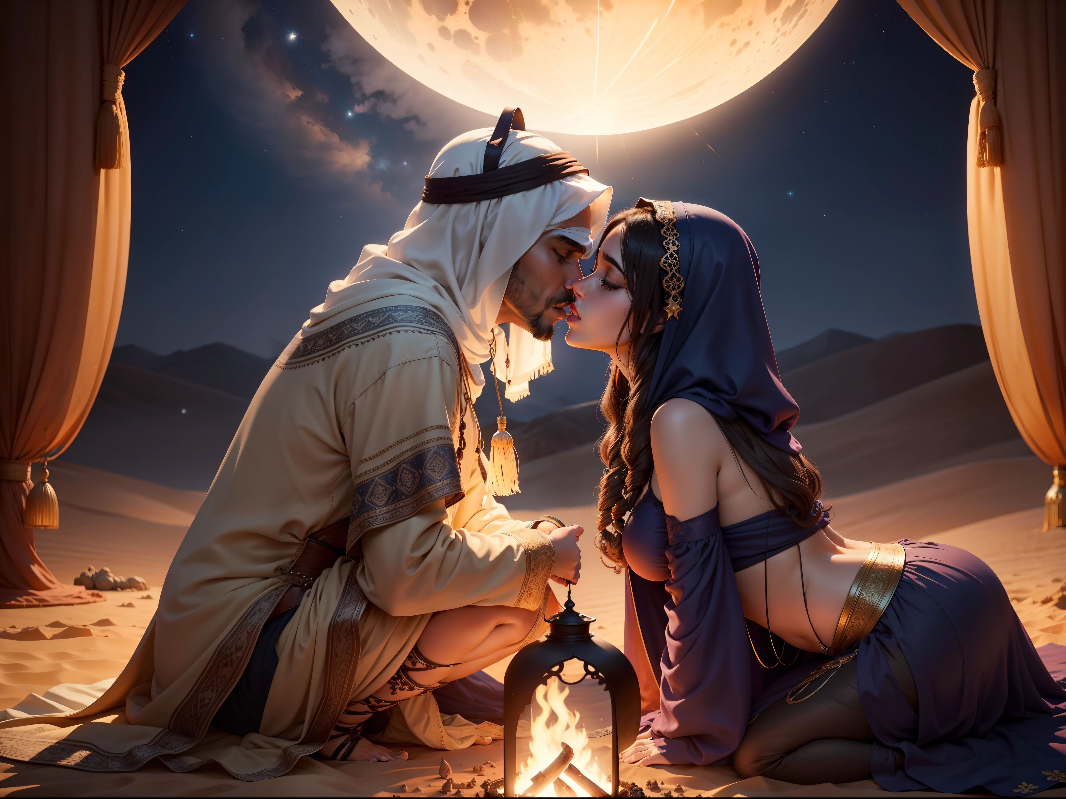 I want you to create a vivid and romantic scene that takes place in the Arabian desert. The scene should include a couple passionately kissing under a beautiful full moon and stars, with a captivating blue sky as the backdrop. Make sure to mention a camel tied nearby and a bonfire burning to add to the ambiance. Use descriptive language to bring this enchanting moment to life, highlighting the serenity and beauty of the surroundings.