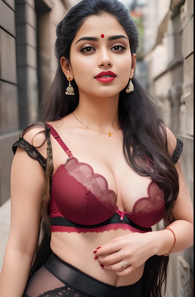 An Indian women of 25yo, big boobs, wearing red bra, pale glowing skin, long hair, dark red lips, beautiful face, curves body, sexy figure, glowing white skin, Indian model model