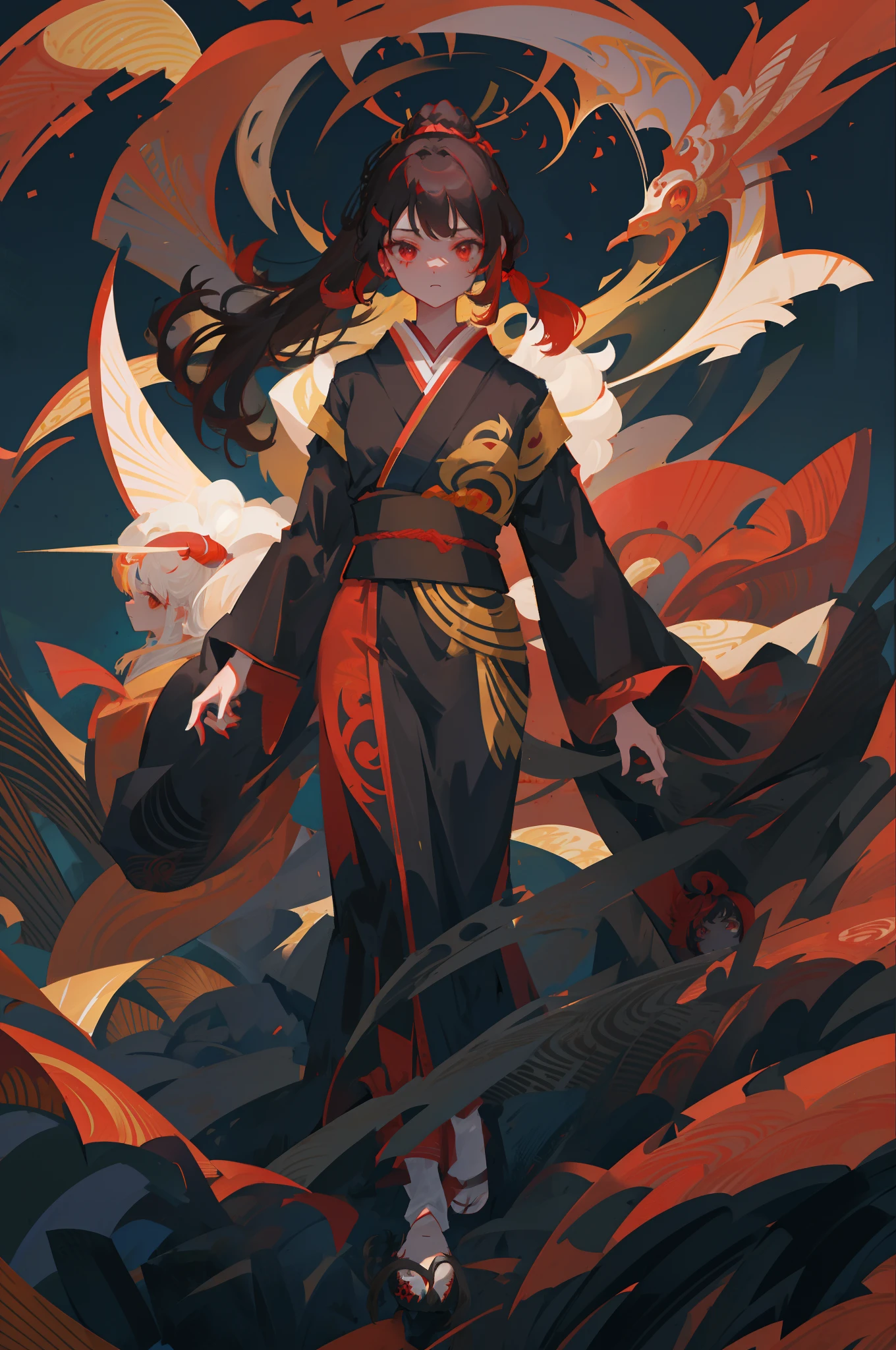 Masterpiece, best quality, {best quality}, {{masterpiece}}, {highres}, drawing, 2d digital drawing, anime, 1girl, anime girl, adult, exotic, long hair, colored hair, colors, colorful, orange sky, bird, bird, bird, raven, crow, japanese clothing, kimono, ornithologist --auto --s2