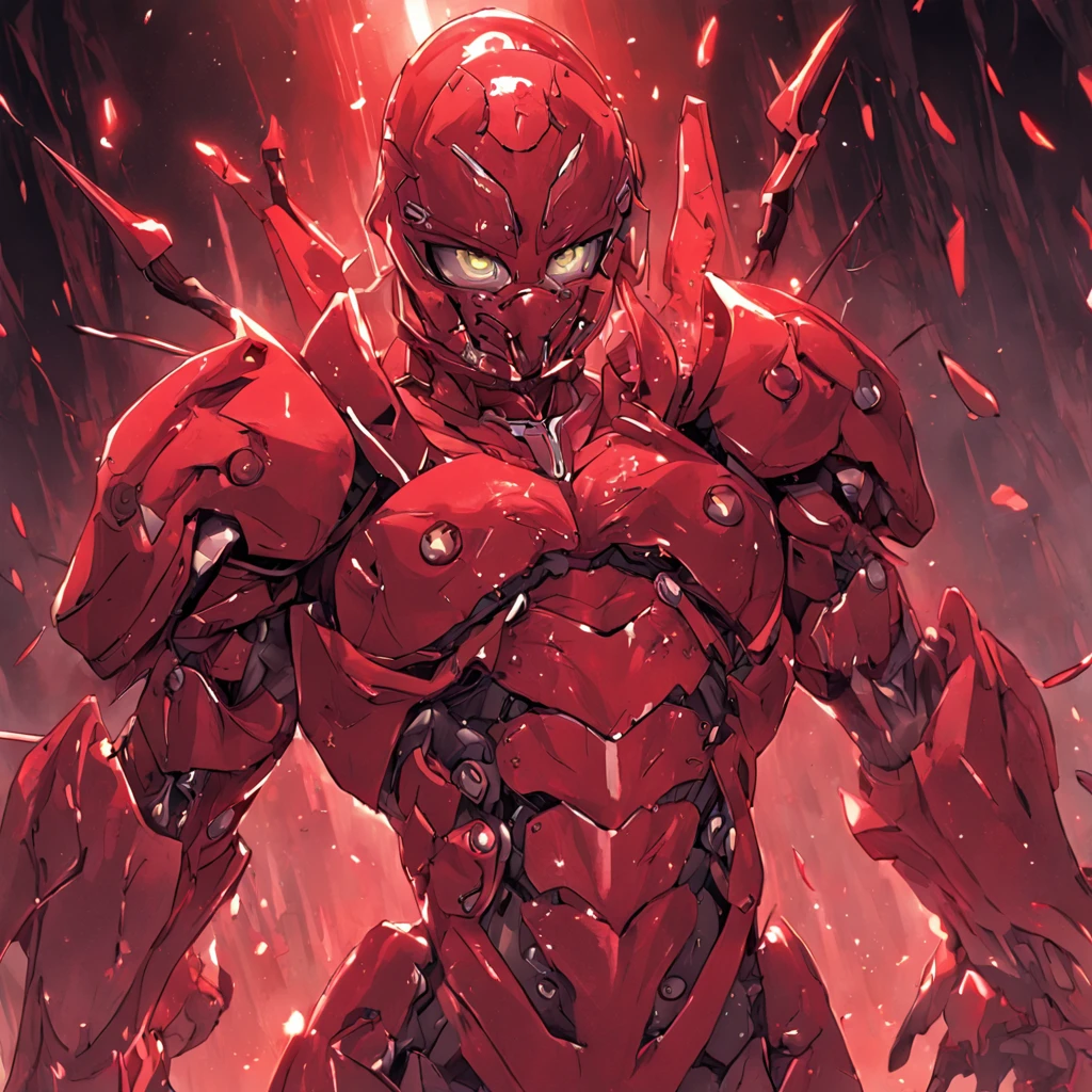"a mais alta qualidade, em (droide vermelho) de (metal vermelho) de guerra ((de corpo vermelho)) A formidable opponent. Com sua armadura resistente, (metal vermelho) com (a biological weapon in the right hand) It's certainly a scary presence behind the scenes, uma imensa poeira de hera sendo refletida pela luz;, in high resolution and extremely realistic."