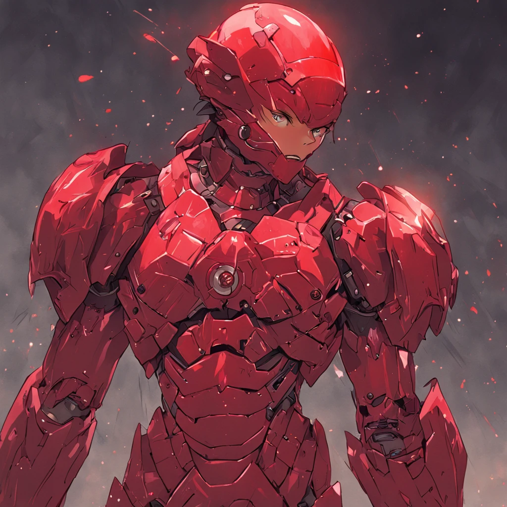 "a mais alta qualidade, em (droide vermelho) de (metal vermelho) de guerra ((de corpo vermelho)) A formidable opponent. Com sua armadura resistente, (metal vermelho) com (a biological weapon in the right hand) It's certainly a scary presence behind the scenes, uma imensa poeira de hera sendo refletida pela luz;, in high resolution and extremely realistic."