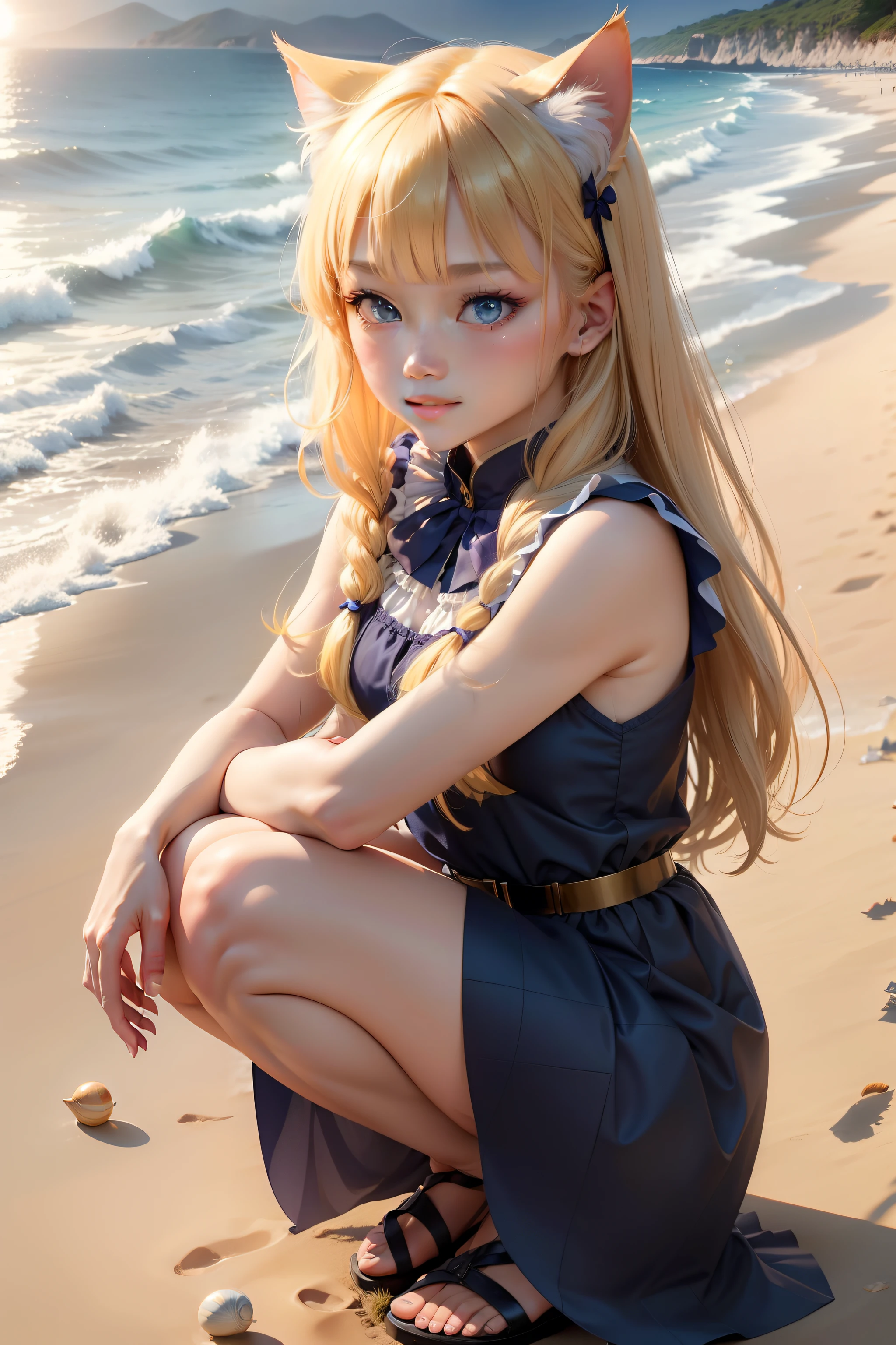Dressed in a light navy blue dress,The skirt flutters in the wind,Golden cat ears sparkle in the sun,Black stripes stretch over the skirt,Goes well with my blonde hair and cat's tail。In my eyes,One blue pupil and one purple pupil,Flashes with a deep mysterious light。
I was squatting on the beach,Carefully playing with a shell,When you look up, you will inadvertently make a cute meow sound,It's like telling happiness。The sun shines on my skin,It makes me shine faintly,Like a fairy by the sea。I smiled,The eyes are full of happiness and contentment,