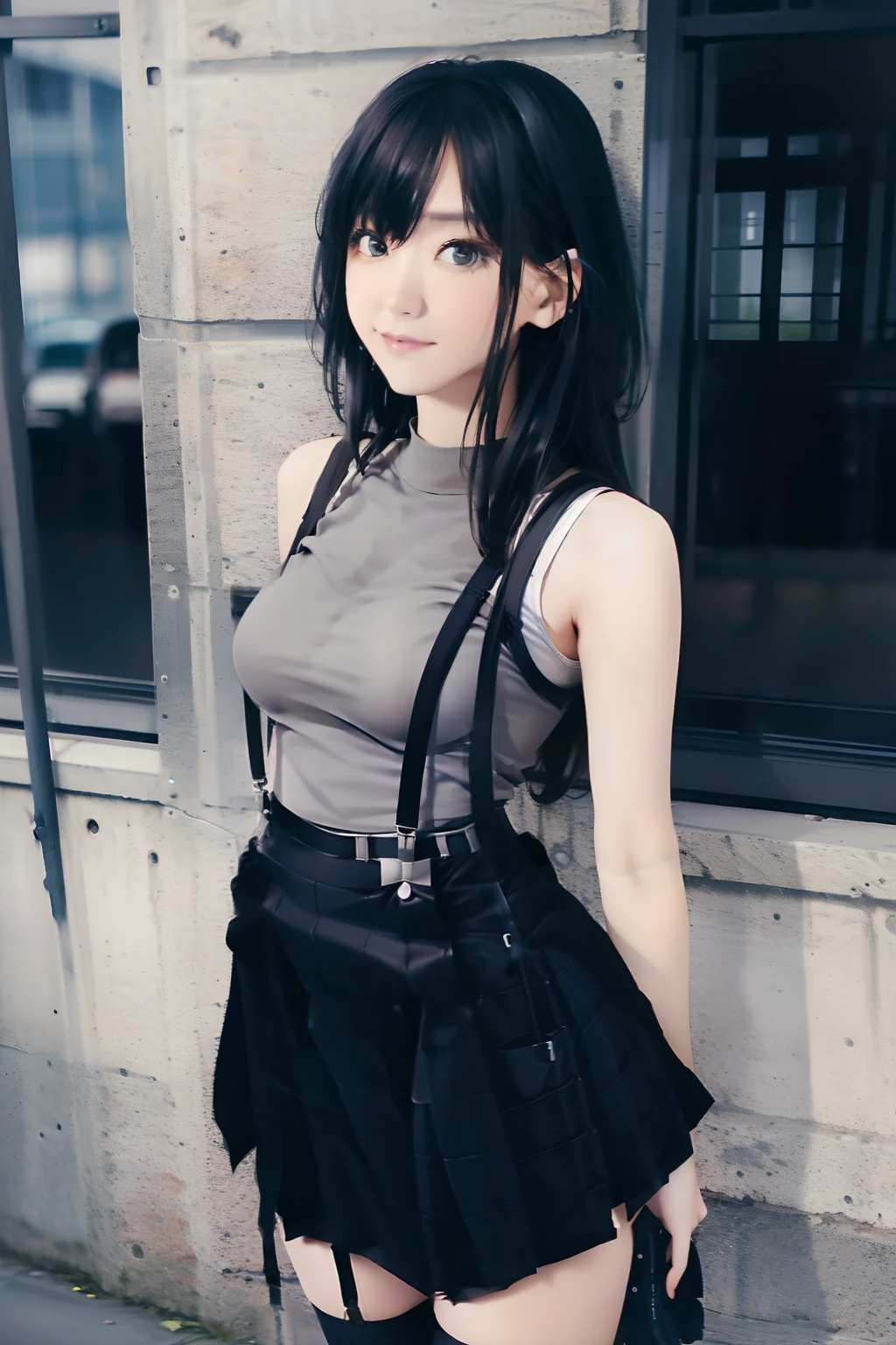 a black skirt, , Tank tops suspenders, Long Black Hair, Gray eyes, holster, Garter belt on the legs, , Moderate breasts and tight clothes, both sides Behind bobby