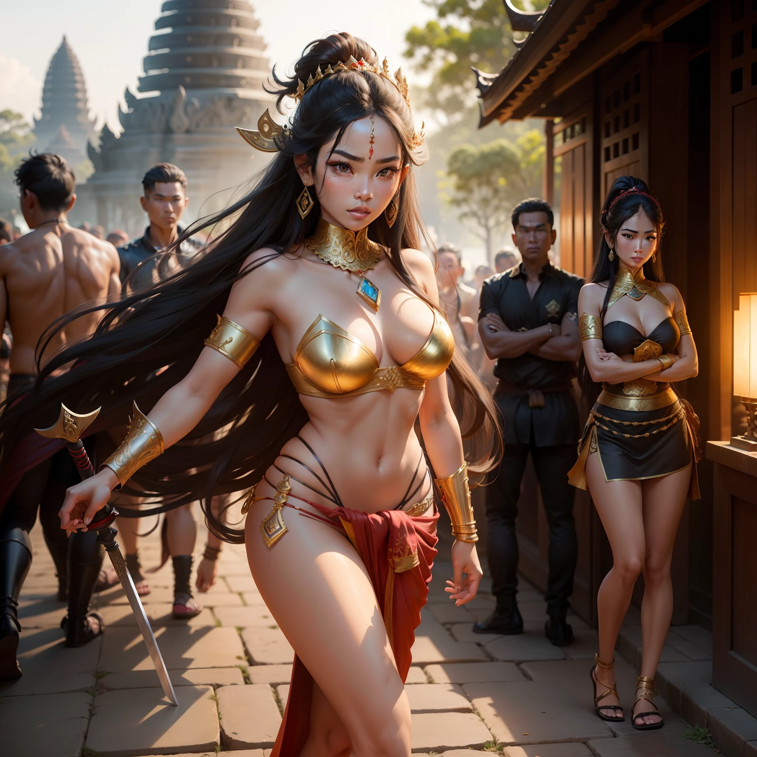 Female Khmer warrior, long black hair, dark brown tanned, Armour on, bangles, Angkor temple, full body, holding weapon, sexy tied hair up, crowd on the head, wearing jewelry, Sak yant tattoos on the arm, curvy body, wear red wrap sarong outfits, dark skinned, cute face, big lips, Diamond shape faces, wide nice nose, defined features on the face, apsara jewelry on, gold leaves jewelry, fighting at war, Armour bra top, sword and shield, Takeo in Cambodia, temple, show full body to foot and toes, wear sandals, khmer men soldiers behind