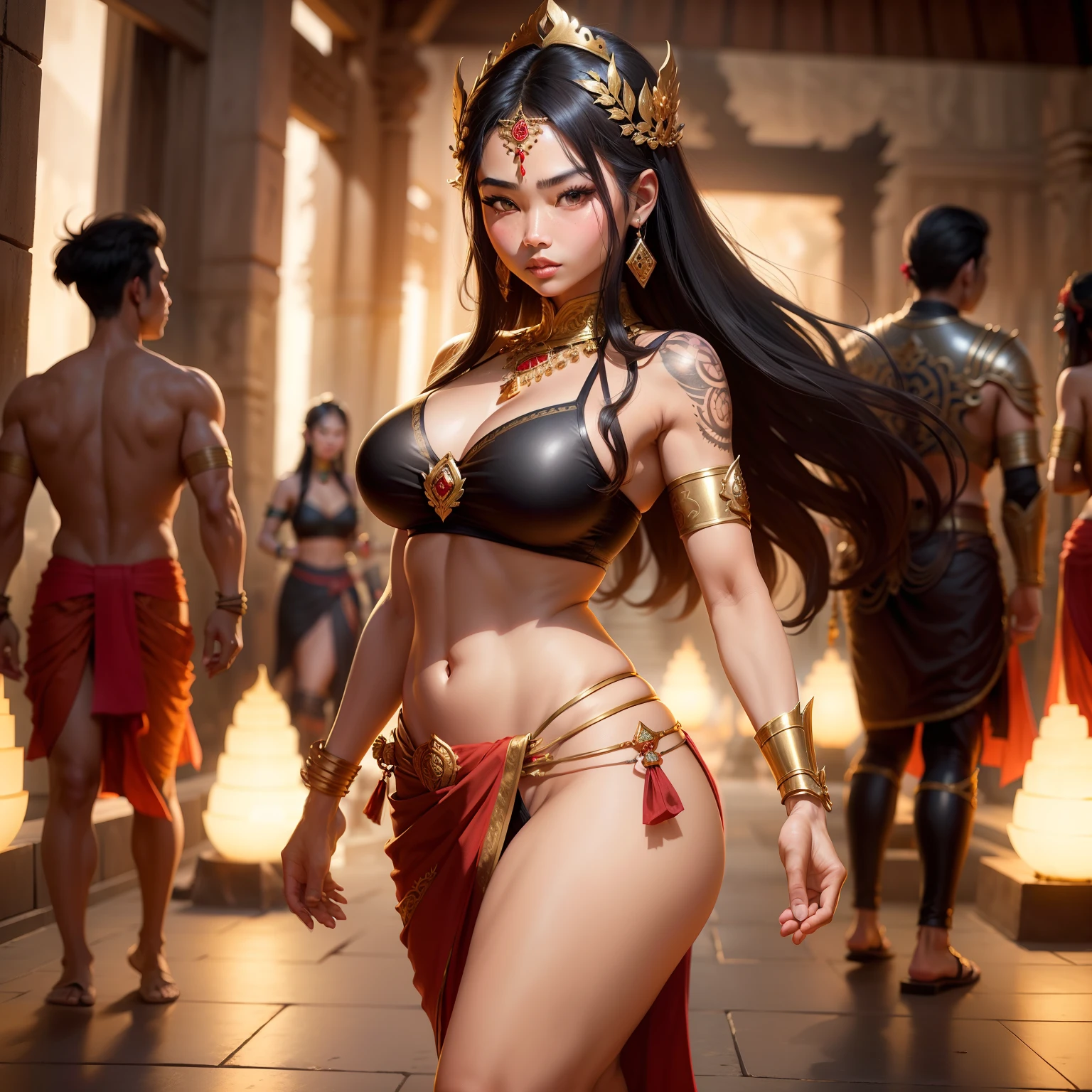 Female Khmer warrior, long black hair, dark brown tanned, Armour on, bangles, Angkor temple, full body, holding weapon, sexy tied hair up, crowd on the head, wearing jewelry, Sak yant tattoos on the arm, curvy body, wear red wrap sarong outfits, dark skinned, cute face, big lips, Diamond shape faces, wide nice nose, defined features on the face, apsara jewelry on, gold leaves jewelry, fighting at war, Armour bra top, sword and shield, Takeo in Cambodia, temple, show full body to foot and toes, wear sandals, khmer men soldiers behind