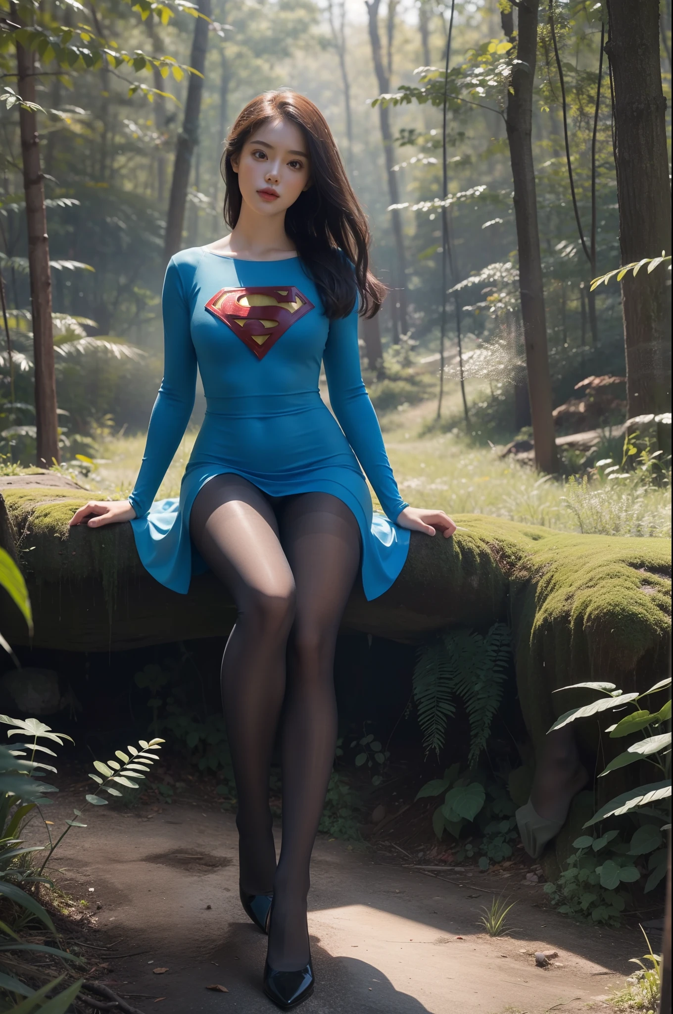 (full body:1.5)，(1girl:1.3),(view the viewer:1.4)，(anatomy correct:1.3),(sitting in the forest:1.2),(Wearing a superman Style Dress:1.2),(Opaque pantyhose:1.3),( girl pointed thick heels :1.1)，(Accurate and perfect face:1.3),(Long legs:1.3),hyper HD, Ray traching, reflective light， structurally correct, Award-Awarded, high detail, lighten shade contrast, Face lighting ，cinematic lighting, masterpiece, super detailing, high quality, high detail, best quality, 16k，High contrast,