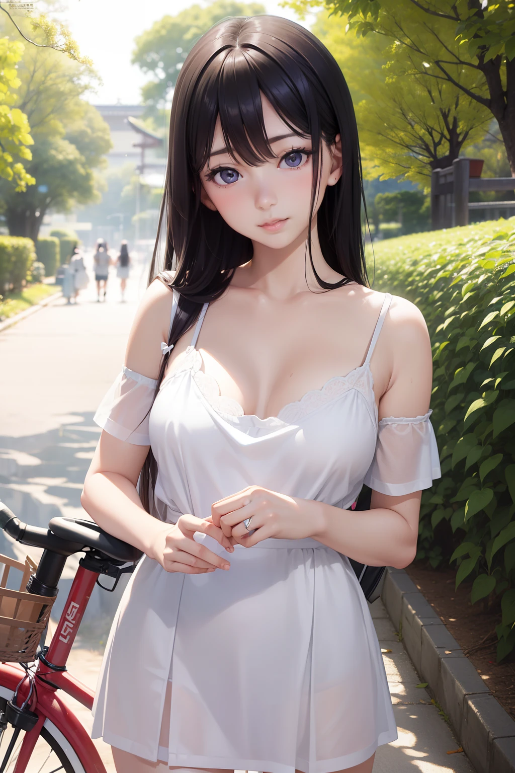 Japan woman in white dress standing next to bicycle, Young Pretty Gravure Idol, Young Sensual Gravure Idol, Realistic Young Gravure Idol, Young skinny gravure idol, wearing a wet white short dress, Young Gravure Idol, Realistic sensual gravure idol, Ayami Kojima Amano, Ayaka, japanesse farmer, sophisticated gravure idol