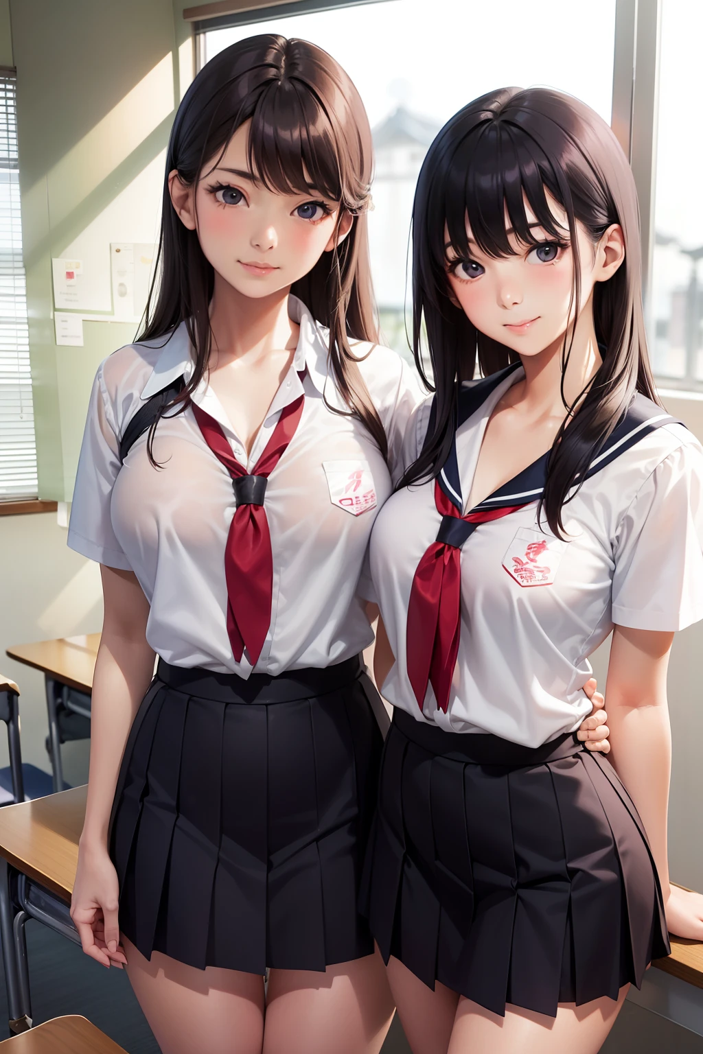There were two women in the classroom.、One woman wears a bra, Japan school uniform, Realistic Young Gravure Idol, in class room, Japanese Models, Young Sensual Gravure Idol, Engaging pose, wearing japanese school uniform, Teasing smile, japanese girl school uniform, Revealing clothes, japanese high school, Young Pretty Gravure Idol, seductively looking in front, pupils