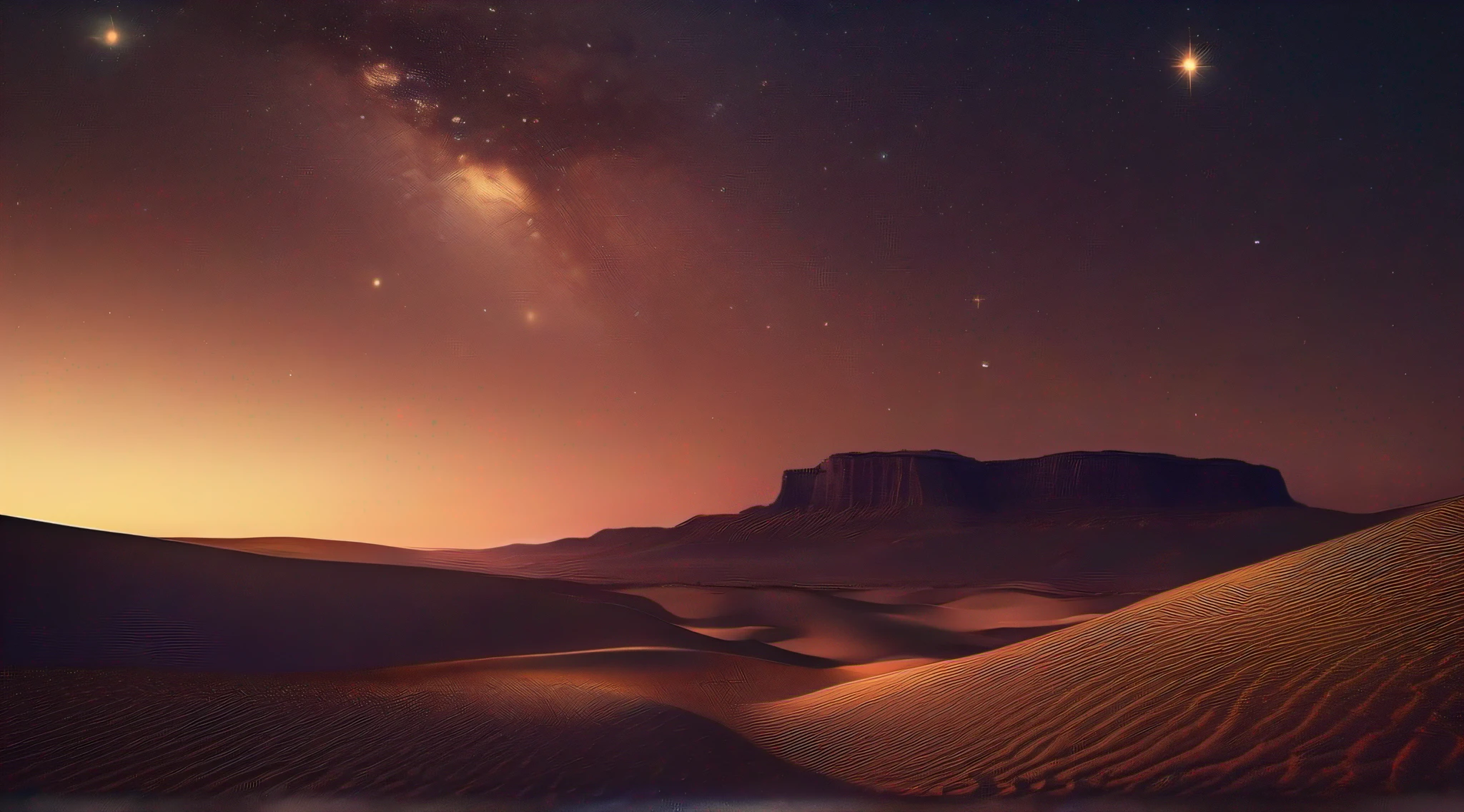 Night falls,starry sky bright,The vast desert became part of the vast universe,Countless twinkling stars dot the dark sky,It seems to be condensed by the tears of the gods。