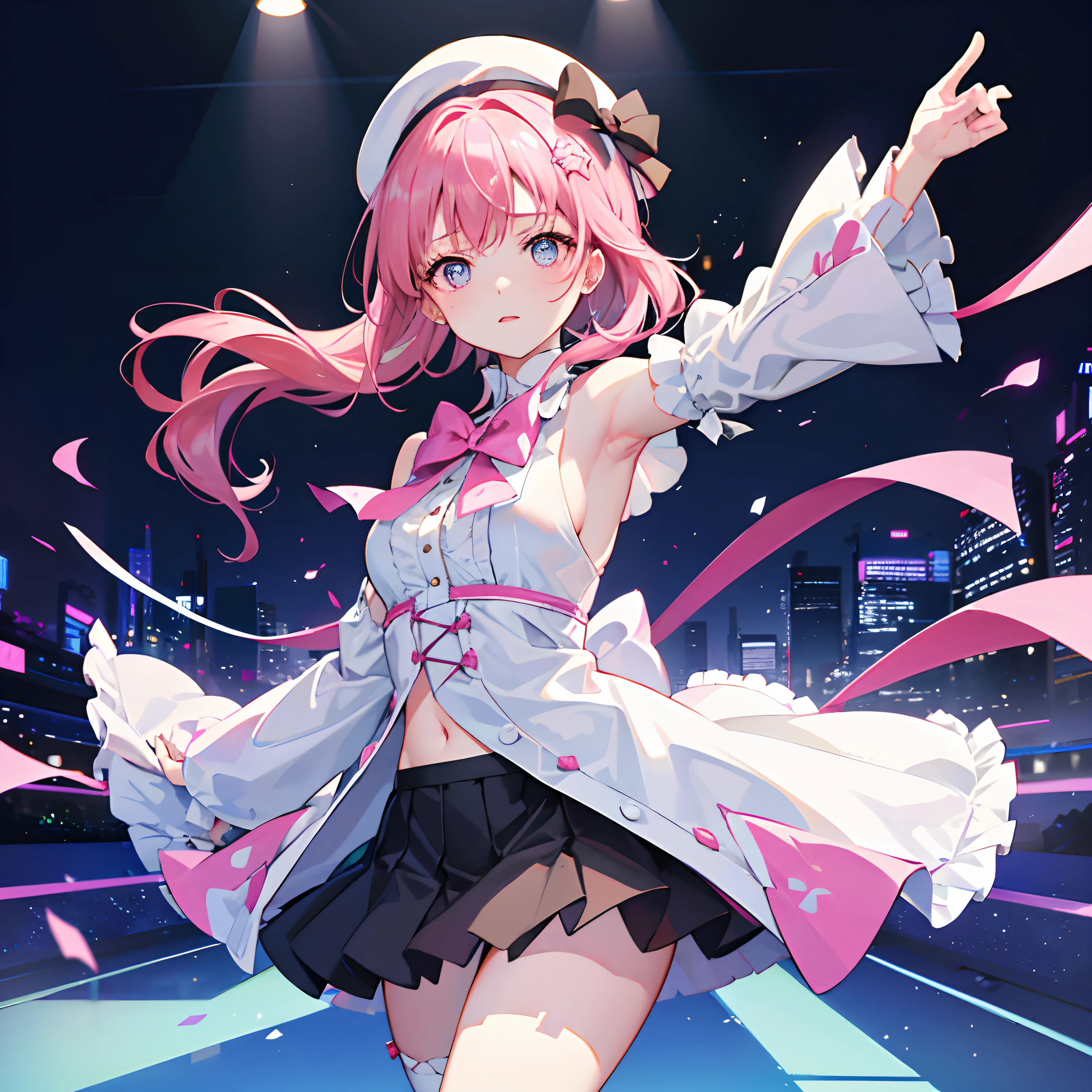 {1girll,独奏}White knee-length socks,broad white blouse,Pink shawl coat,pleatedskirt,Bare shoulders,A pink-haired,Long messy hair,right side braid,Hair tied on the right side,Red bow tie,red waistband,White berets,Stage,Lively and cute expression,The body is petite,(A dancing girl:1.2),Beautiful dance,{depth of fields},{Masterpiece},{Best quality at best},{extremelydetailed8Kwallpaper},{超高分辨率},{Delicate background},{Sparkling red-blue heterochromic pupils},star-shaped bule pupils,Neon lights,Black floor lamp,City,volumettic light,light particules,cinematric light,Cowboy perspective,Loose fit,Sweet clothes,(intricately details),{delicate adorable face},(A detailed eye),(dynamicposes),(love live:1.2),(cyber punk perssonage),Perspective view,fashionable and trendy,Fashion,Funky,