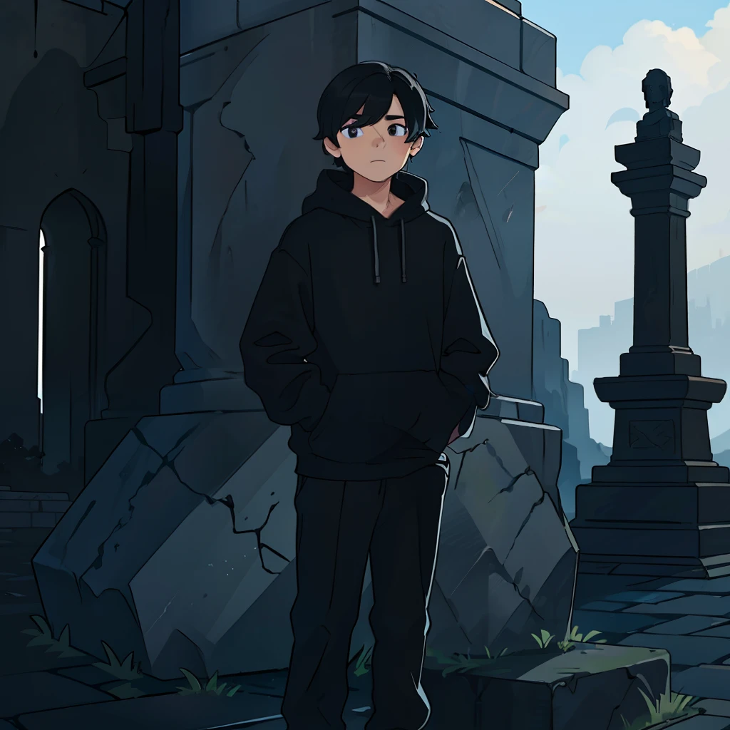 best qualityer,One was wearing a black sweatshirt,Boy with short black hair,Extend your right hand,(Touch the huge stone monument in front of you:1.7)