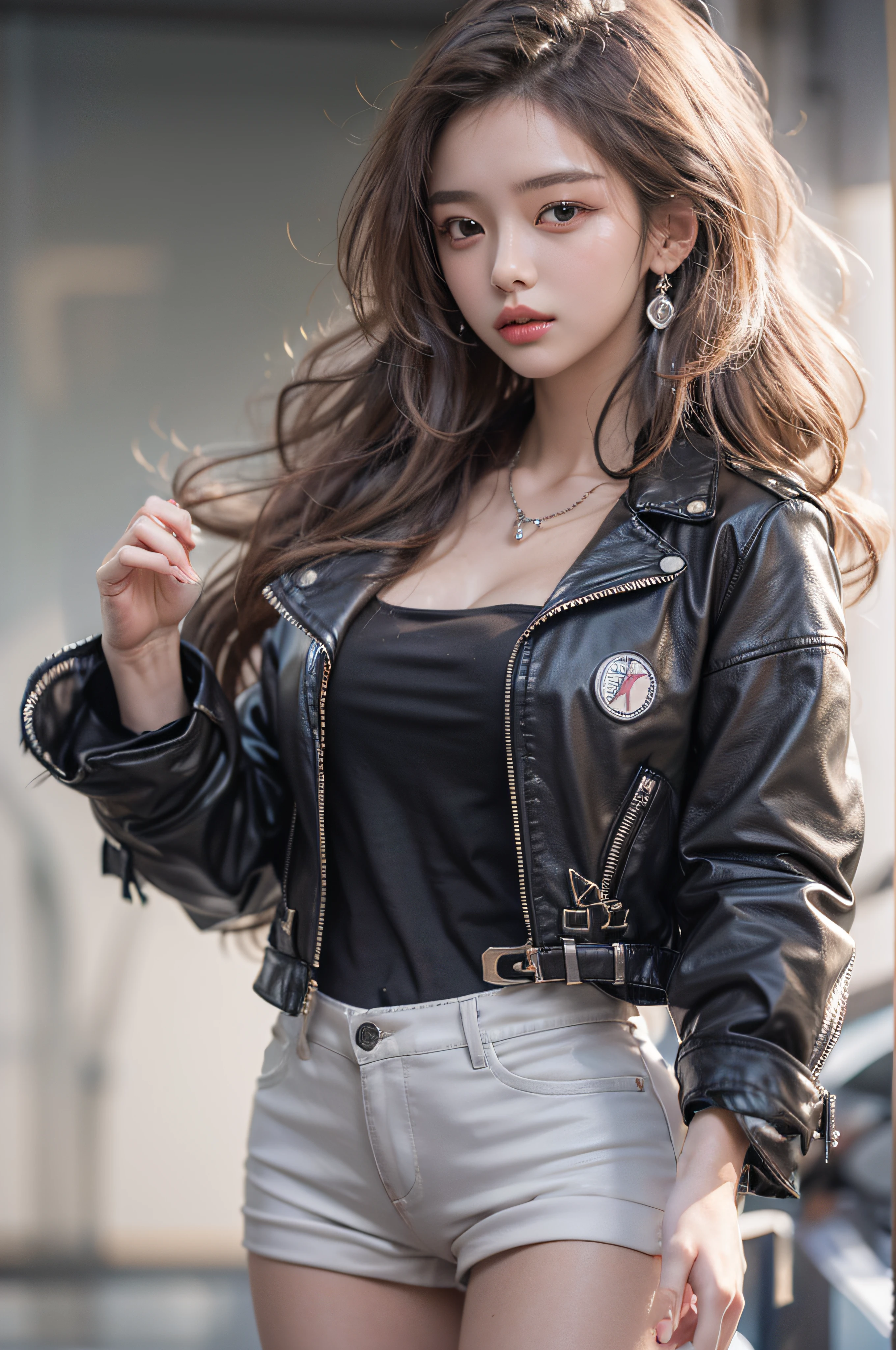 Beautiful Japanese Waifu, early 30s, brunette hair, large ear rings, white lace bra, leather jacket 