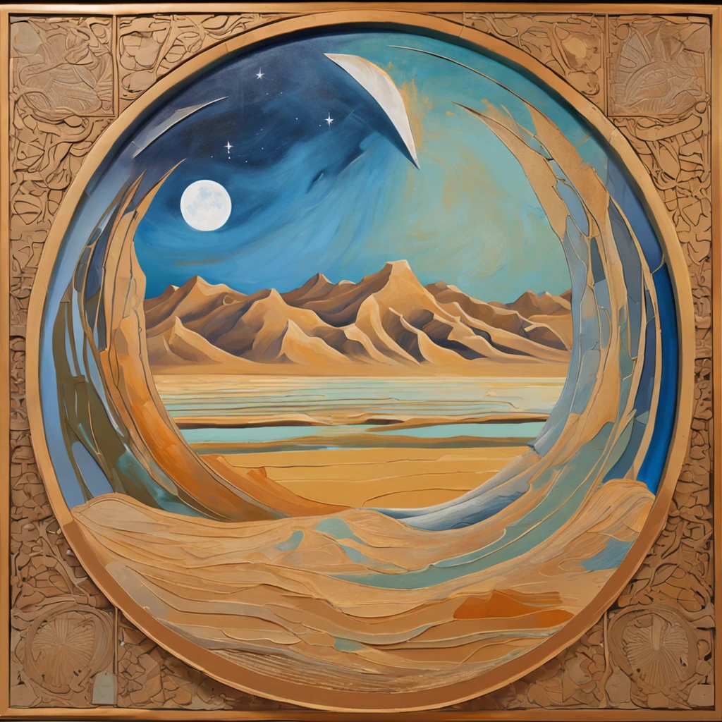 Intricate painting details of Afghan Desert, by Ikuo Hirayama, moon background, camel, vector line art, blue highlights, trending in pixiv, high quality, Edge to edge, Sanskrit