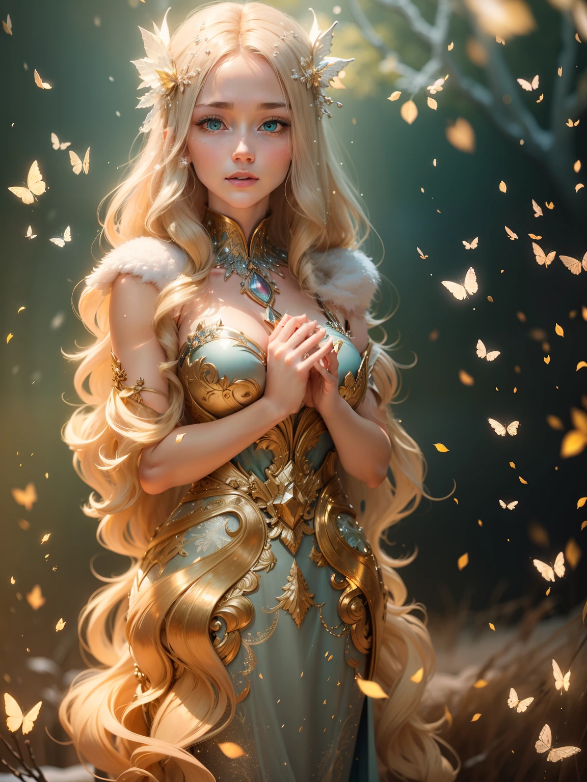 A graceful blonde-haired spacegirl, dew and frost, bar lighting, stands in a sunlit clearing in winter, her braded drill hair cascading down her back, as butterflies and ice crystals flutter around her, hyper-detailed black Ukiyo-e dress and hair, ice-pink blue and yellow butterflies, Beautiful Woman full head-to-toe portrait, medium full shot Portrait, perfect detailed face, detailed symmetric blue-green eyes with circular iris soft natural lighting, symmetrical, natural skin texture, soft lighting, detailed face, photorealism, soft pastel colors sparkling, looking into the camera, frosty snowy background, photorealistic painting, sharp focus, 8k, perfect composition, trending on artstation, award-winning photograph, unreal engine 5, cinematic smooth, intricate detail, studio photo, highly detailed. simple background, gold filigree dress hyper-detail, gesturing to the sun, flowing black gown, nice body, {{full body}}, Davinci, hair with dew and frost, sunlit, sparkles and frost