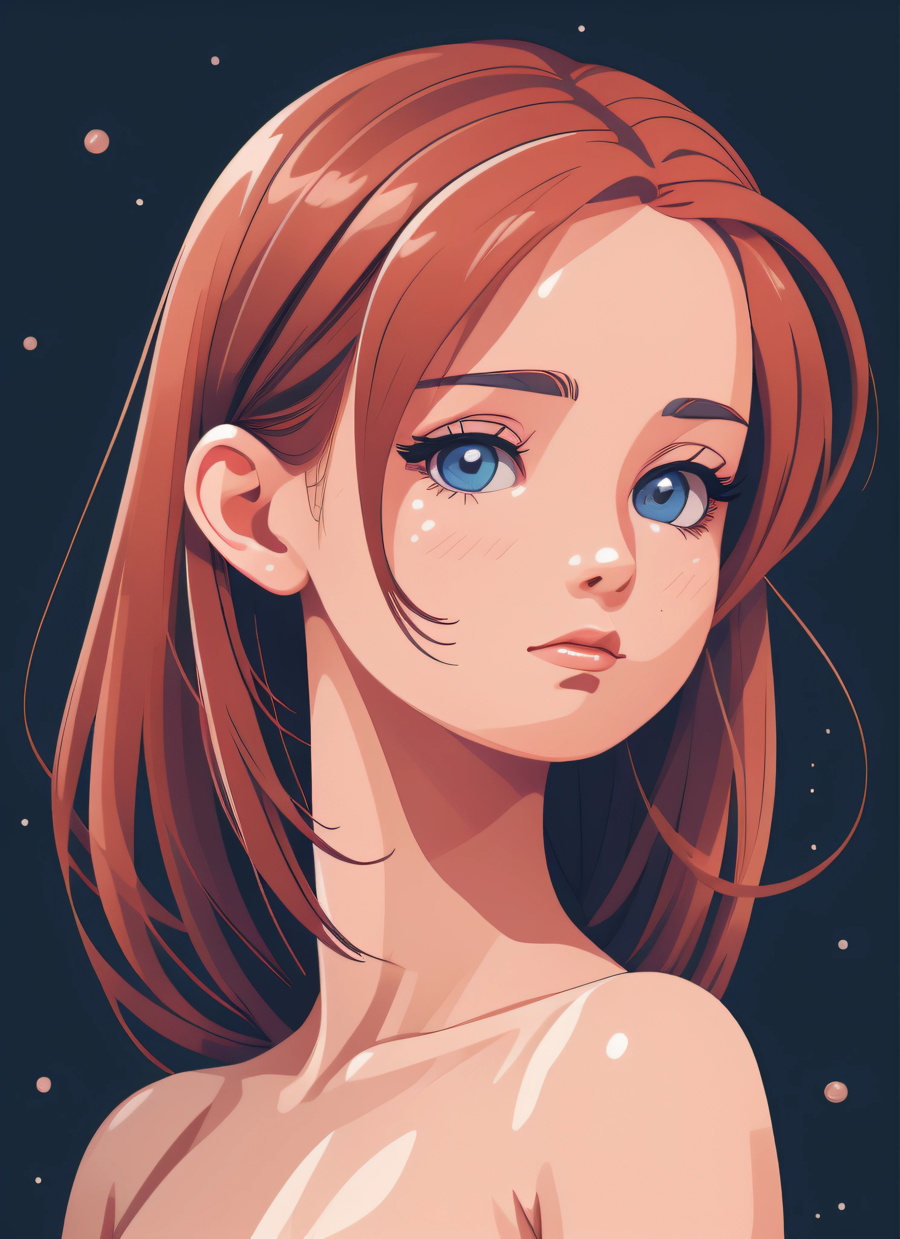 (obra maestra), (parte superior del cuerpo), (nipple erect), retrato, 18-year-old red-haired girl, sexy, Mirando al espectador, cabello largo trenzas, ojos grandes azules, small mouth, labios grandes detallados, Girl, sad emotional expression, Peinado de capas frontales, girl face, desnuda, Enfoque facial,, perfect composition, dark background with rust texture, Hiperrealista, Kinematic, Super detailed, 8k, alta calidad, Arte de tendencias, tendencias en Artstation, foco nítido, Foto de estudio, Detalles intrincados, Altamente detallado, por el senor de los Anillos