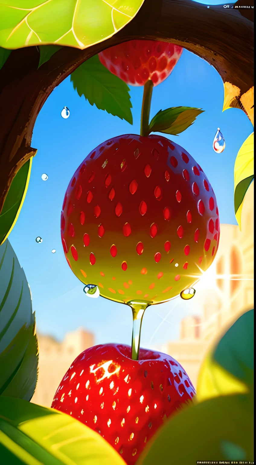 ((masterpiece:1.3,concept art,best quality)),very cute appealing anthropomorphic strawberry,looking at the viewer,big grin,happy,fruit,berry,droplets,macro,sunlight,fantasy art,dynamic composition,dramatic lighting,epic realistic,award winning illustration,