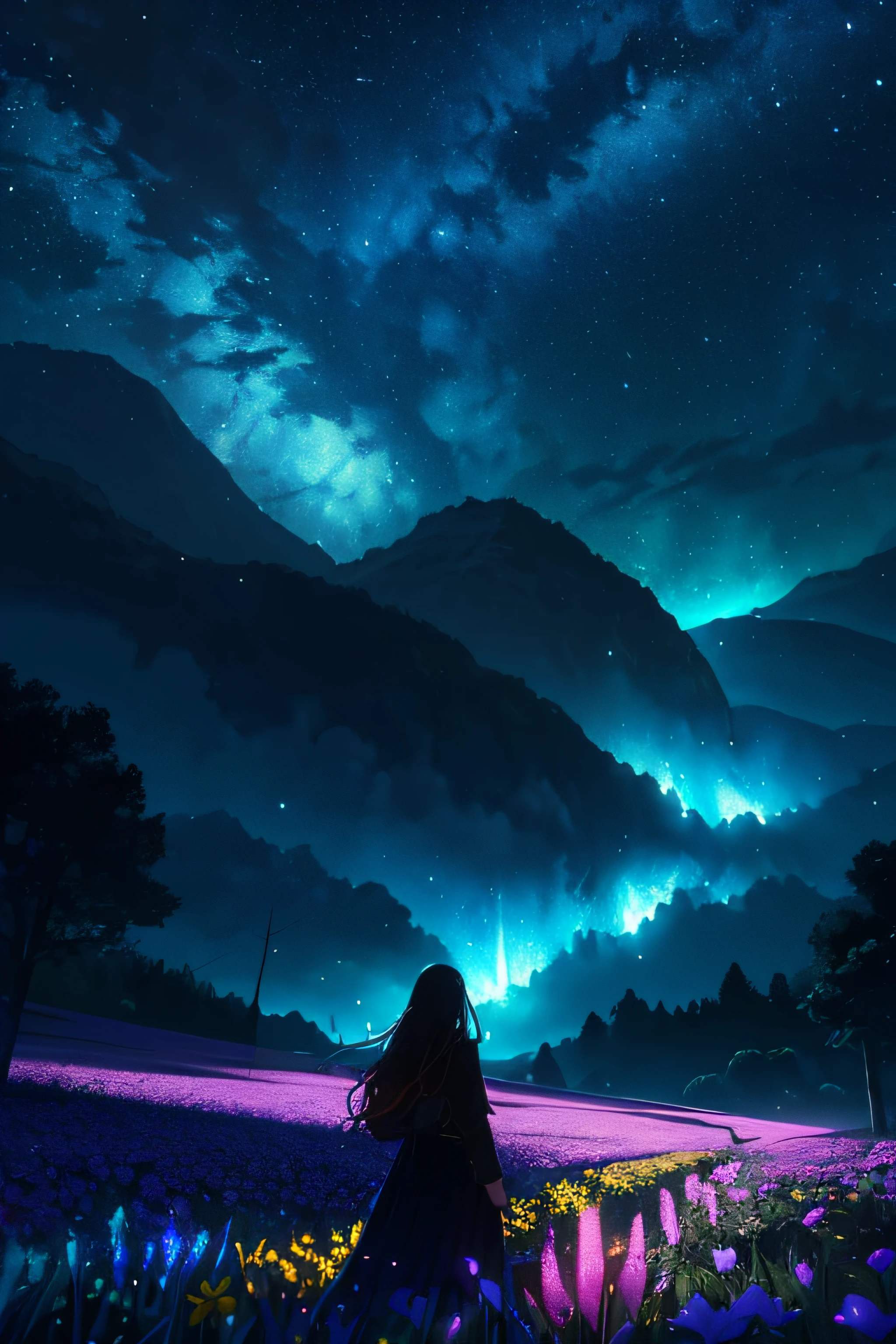 ((best quality)), ((highres)), ((4k wallpaper)), (((extremely detailed, perfect pixels))), ((UHD, RTX, HDR)), A wide landscape photo, (viewed from below, the sky is above, and the open field is below), (((a girl standing on a flower field looking up))), (long hair, long skirt), (full moon: 1.2), (meteor: 0.9), (nebula: 1.3), distant mountains , Trees,Crafting Art, (Warm Light: 1.2), (Firefly: 1.2), Lights, Lots of Purple and Orange, Intricate Details, Volumetric Lighting, (Masterpiece: 1.2), (Best Quality), 4k, Ultra Detailed, (Dynamic Composition: 1.4), Rich in Detail and Color, (Rainbow Color: 1.2), (Glow, Atmospheric Lighting), Dreamy, Magical, (Solo: 1.2)