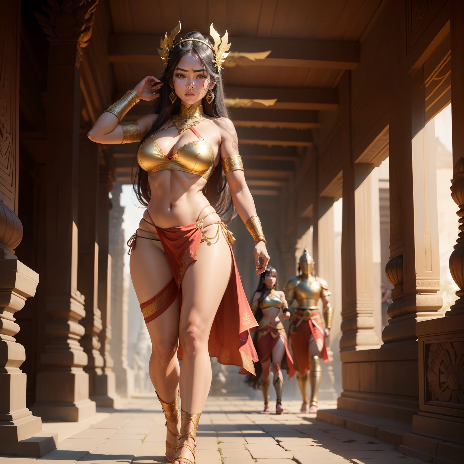 Female Khmer warrior, long black hair, dark brown tanned, Armour on, bangles, Angkor temple, full body, holding weapon, long sexy volume tied hair up, crowd on the head, wearing jewelry, Sak yant tattoos on the arm, curvy body, wear red wrap sarong outfits, dark skinned, cute face, big lips, Diamond shape faces, wide nice nose, defined features on the face, apsara jewelry on, gold leaves jewelry, fighting at war, Armour bra top, sword and shield, Takeo in Cambodia, temple, show full body to foot and toes, wear sandals, khmer men soldiers behind