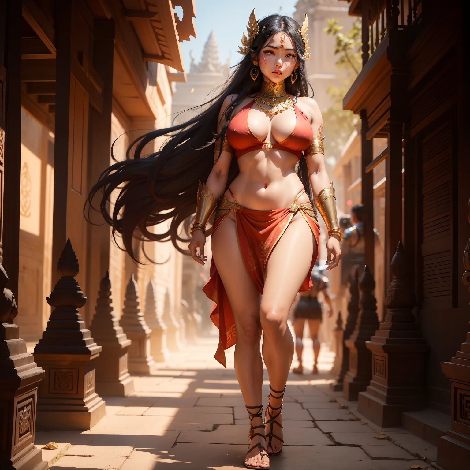 Female Khmer warrior, long black hair, dark brown tanned, Armour on, bangles, Angkor temple, full body, holding weapon, long sexy volume tied hair up, crowd on the head, wearing jewelry, Sak yant tattoos on the arm, curvy body, wear red wrap sarong outfits, dark skinned, cute face, big lips, Diamond shape faces, wide nice nose, defined features on the face, apsara jewelry on, gold leaves jewelry, fighting at war, Armour bra top, sword and shield, Takeo in Cambodia, temple, show full body to foot and toes, wear sandals, khmer men soldiers behind