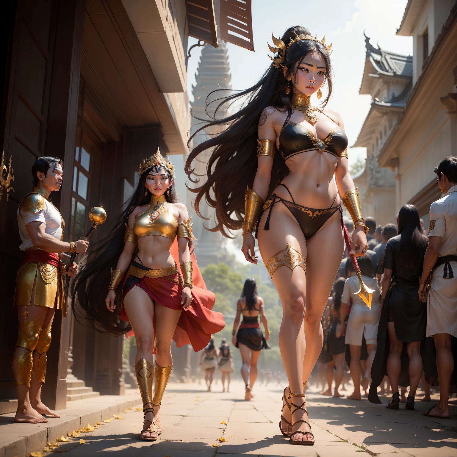 Female Khmer warrior, long black hair, dark brown tanned, Armour on, bangles, Angkor temple, full body, holding weapon, long sexy volume tied hair up, crowd on the head, wearing jewelry, Sak yant tattoos on the arm, curvy body, wear red wrap sarong outfits, dark skinned, cute face, big lips, Diamond shape faces, wide nice nose, defined features on the face, apsara jewelry on, gold leaves jewelry, fighting at war, Armour bra top, sword and shield, Takeo in Cambodia, temple, show full body to foot and toes, wear sandals, khmer men soldiers behind