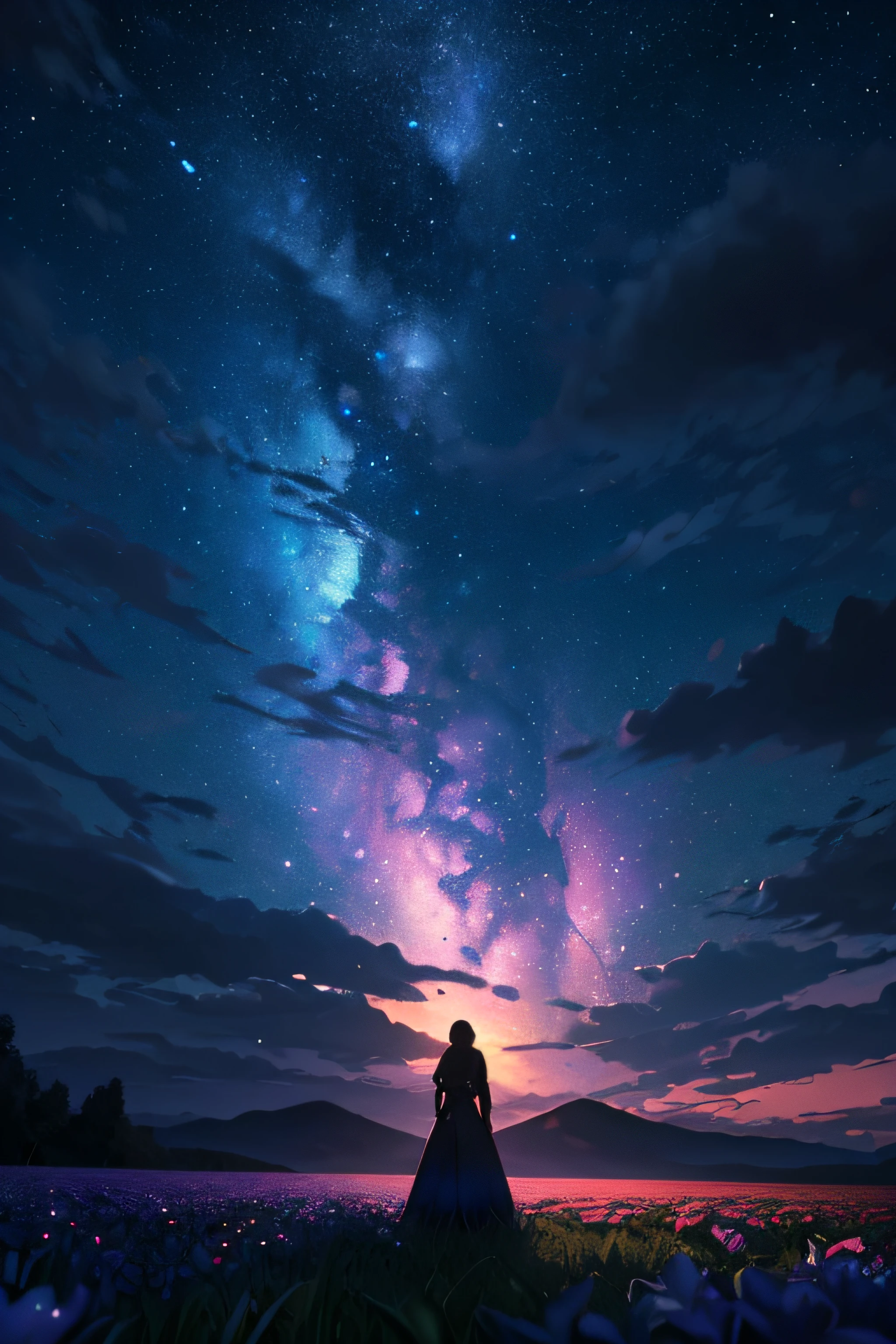 ((best quality)), ((highres)), ((4k wallpaper)), (((extremely detailed, perfect pixels))), ((UHD, RTX, HDR)), A wide landscape photo, (viewed from below, the sky is above, and the open field is below), (((a girl standing on a flower field looking up))), (long hair, long skirt), (full moon: 1.2), (meteor: 0.9), (nebula: 1.3), distant mountains , Trees,Crafting Art, (Warm Light: 1.2), (Firefly: 1.2), Lights, Lots of Purple and Orange, Intricate Details, Volumetric Lighting, (Masterpiece: 1.2), (Best Quality), 4k, Ultra Detailed, (Dynamic Composition: 1.4), Rich in Detail and Color, (Rainbow Color: 1.2), (Glow, Atmospheric Lighting), Dreamy, Magical, (Solo: 1.2)