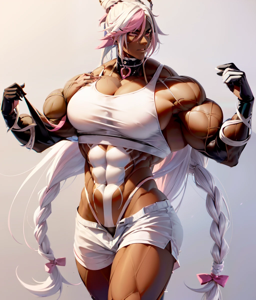 ((anime boy )), ((androgynous)),((dark skin:1.5)), ((long white hair:1.75)), (( pink hair streaks:1.5)),(( hair Styled into a Bun and braided ponytail )),((Red eyes)) , (Tall),(thin, average hips),(White half jacket), ((hot pink Crop top)) ,(Skimpy white shorts) , ((pink heart face Paint on cheek)) ,((evil aura)), smile , ((Pop Idol)) , ((yandere: 1.5)), ((Masterpiece)), High Aesthetic, ((high quality )),((1boy, Solo)),((HyperMuscle:1.5))