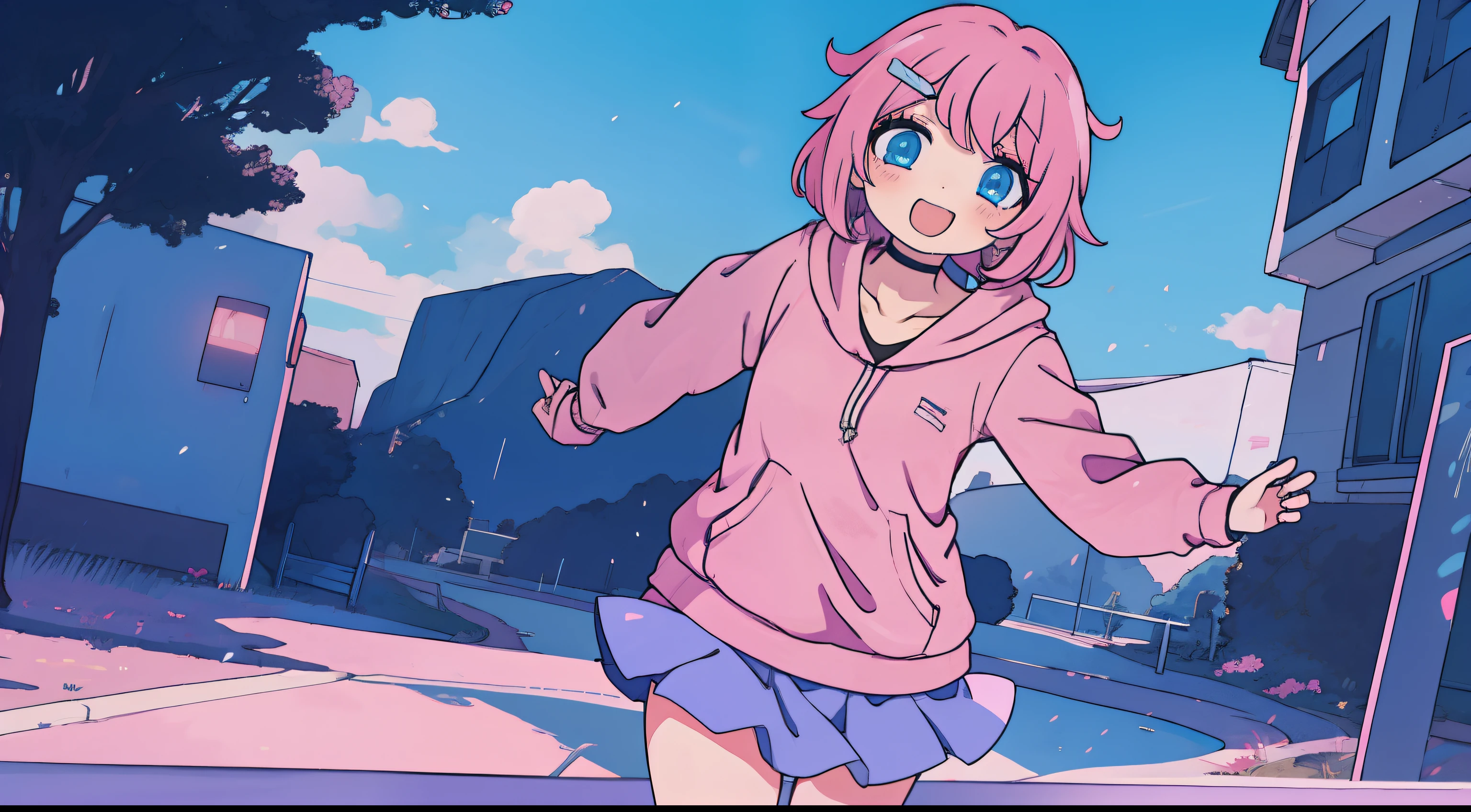 anime girl with short pink hair, bangs, choker, hairclip, pink hoodie, blue skirt, black legwear, outdoors, happy, excited,