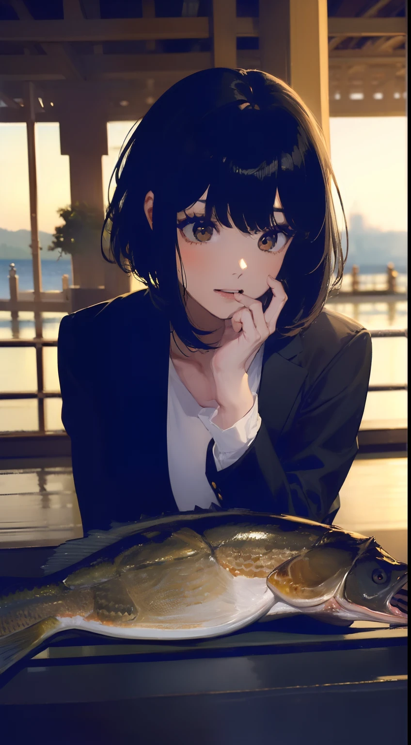 ((((Catch a big black bass by the lake:1.5)))),((1 female 28 years old)),((Best Quality, masutepiece :1.5)),(((Hands with the correct number and structure of fingers:1.4))),hight resolution,ultra-detailliert,​masterpiece,best qualtiy,Short bob hair,Black hair, long eyeslashes, Solid Circle Eyes, drop shadow, Atmospheric perspective,Super Detail, ccurate, small brest,(Black jacket :1.1),top-quality, blurry backround, bokeh dof:1.2, (​masterpiece:1.3),  Atmospheric perspective,Super Detail,dynamic compositions,High-resolution image quality、top-quality、​masterpiece、extremely delicate and beautiful illustration、extremely details CG、astonishing、finely detail、​masterpiece
