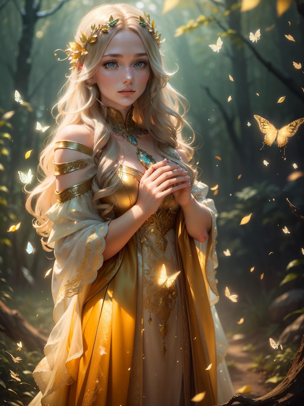 A graceful golden-haired forest queen, dew and frost, bar lighting, stands in a sunlit clearing in winter, her hair cascading down her back, as butterflies and dandelion spores flutter around her, Beautiful Woman full head-to-toe portrait, medium full shot Portrait, perfect detailed face, detailed symmetric blue-green eyes with circular iris soft natural lighting, symmetrical, natural skin texture, soft lighting, detailed face, photorealism, soft pastel colors sparkling, looking into the camera, frosty snowy background, photorealistic painting, sharp focus, 8k, perfect composition, trending on artstation, award-winning photograph, unreal engine 5, cinematic smooth, intricate detail, studio photo, highly detailed. simple background, gold filigree dress hyper-detail, gesturing to the sun, flowing golden gown, nice body, {{full body}}, Davinci, hair with dew and frost, sunlit, sparkles all over gown, and frost, hyper-detailed dress and hair, pink blue and yellow butterflies.