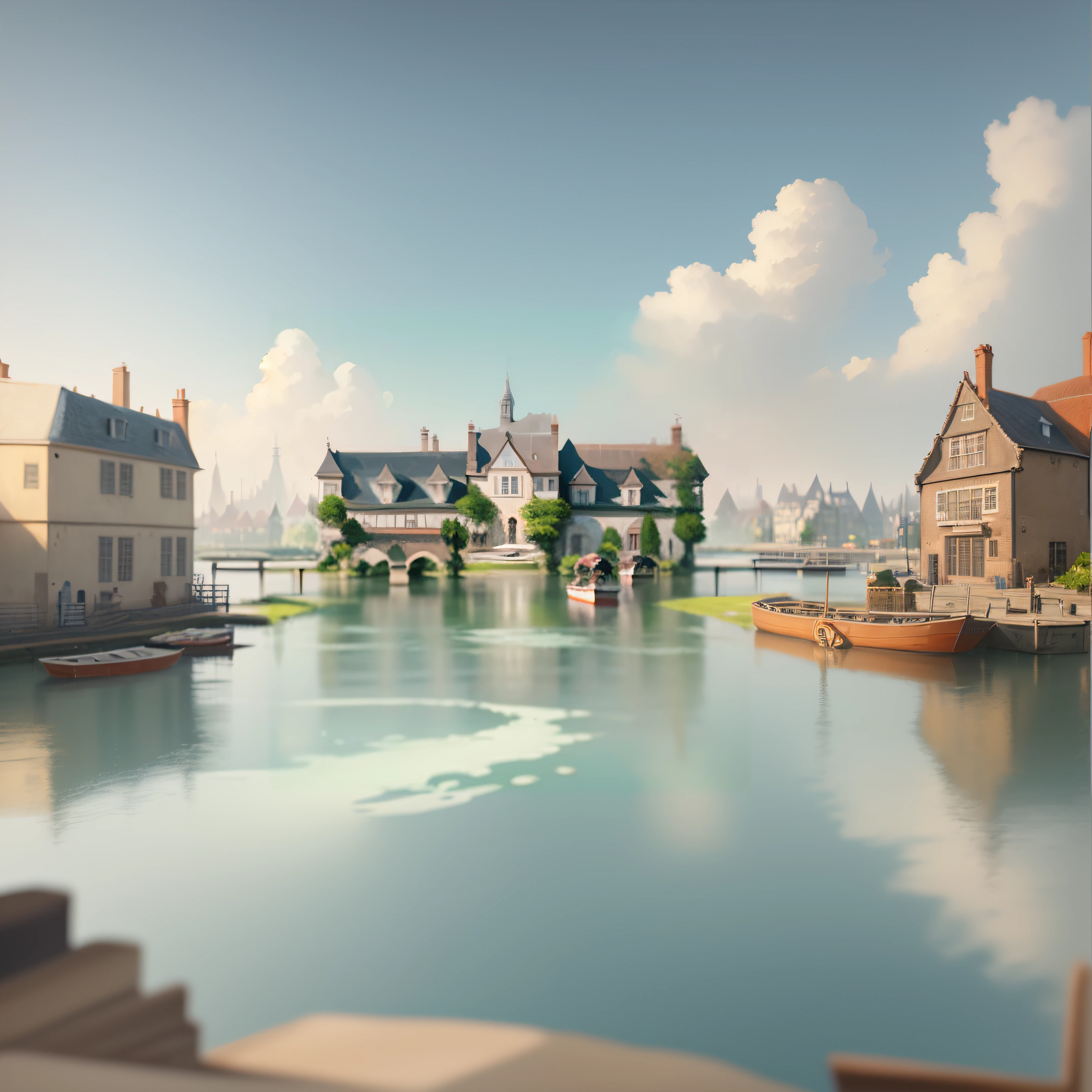 There is a boat floating in the water near the building, loish van baarle, Illustration matte painting, flat matte painting, inspired by Marius Borgeaud, town background, soft focus matte painting, background artwork, concept art by disney, fundo de casa, dreamy matte painting, tomas kinkade, renaissance port city background, painterly concept art