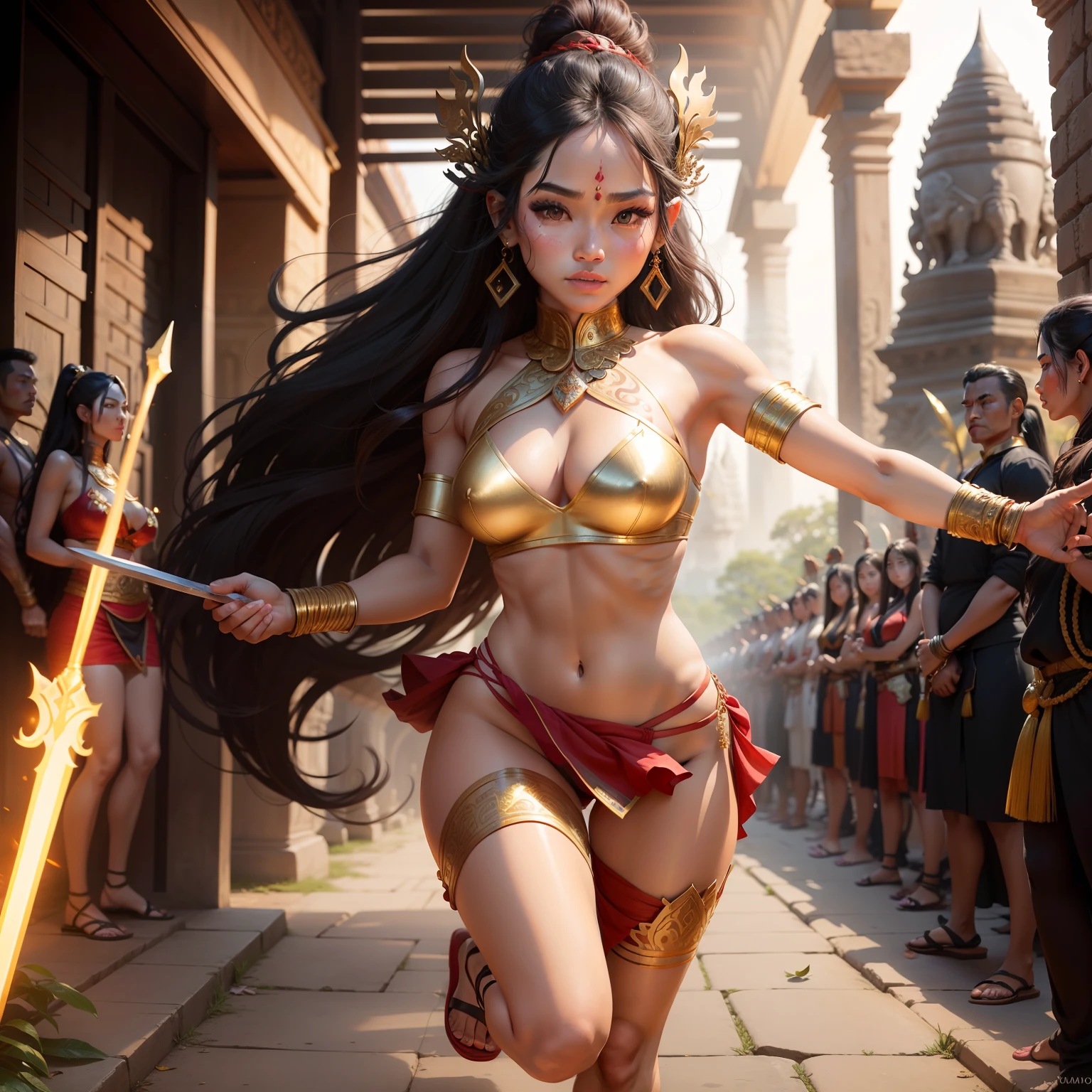 Female Khmer warrior, long black hair, dark brown tanned, Armour on, bangles, Angkor temple, full body, holding weapon, long sexy volume tied hair up, crowd on the head, wearing jewelry, Sak yant tattoos on the arm, curvy body, wear red wrap sarong outfits, dark skinned, cute face, big lips, Diamond shape faces, wide nice nose, defined features on the face, apsara jewelry on, gold leaves jewelry, fighting at war, Armour bra top, sword and shield, Takeo in Cambodia, temple, show full body to foot and toes, wear sandals, khmer men soldiers behind