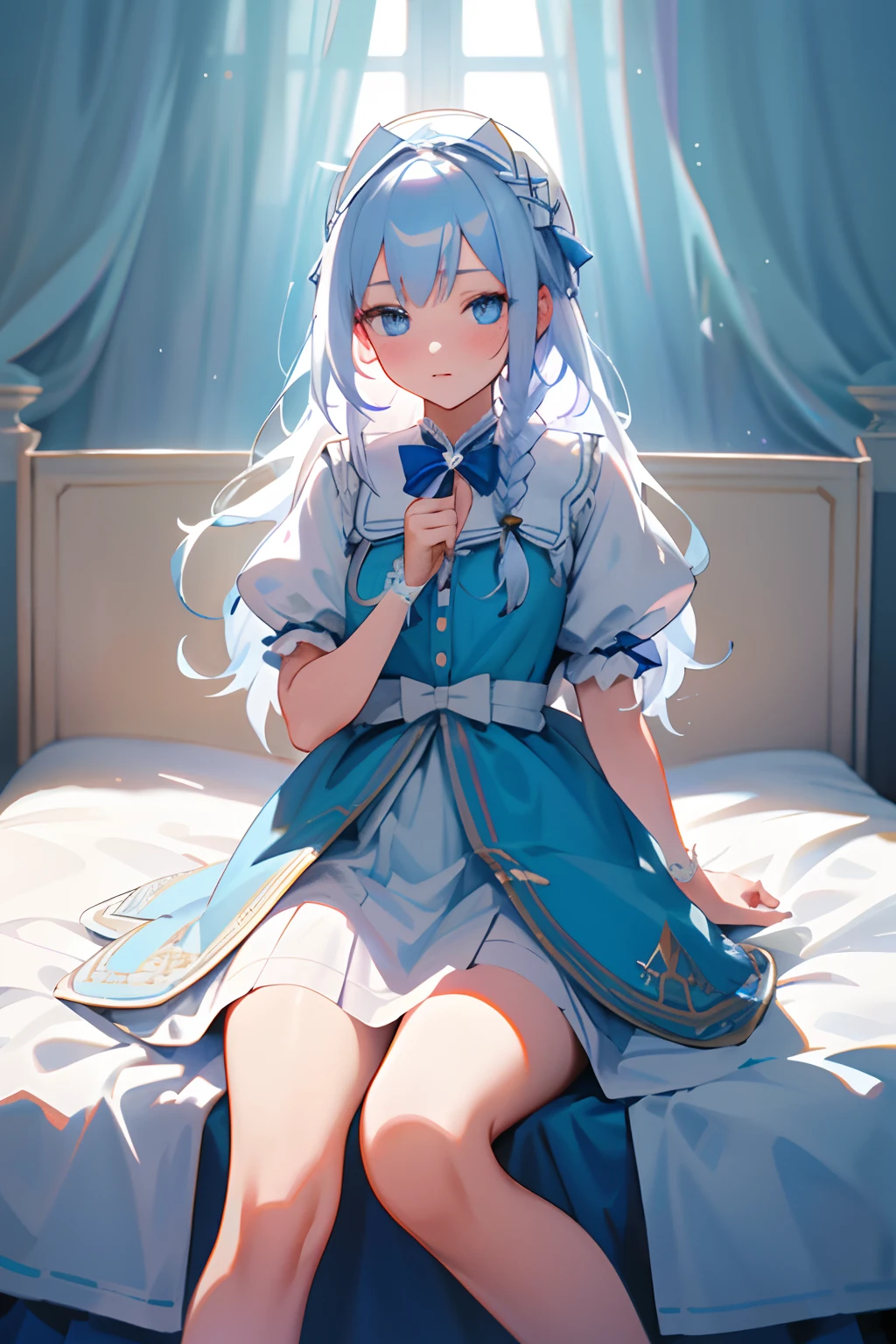 On a very large white bed, white pillows, White light, There is one girl, Sit on the bed, Wearing a white princess dress, White stockings, A blue bow is tied around the waist, There is a blue band on the wrist, blue color eyes, long  white hair, Delicate facial features, Beautiful and moving, (Vivid depiction), single braid, chromatic aberration, reflection light, UHD, masterpiece, super detail, high details, best quality