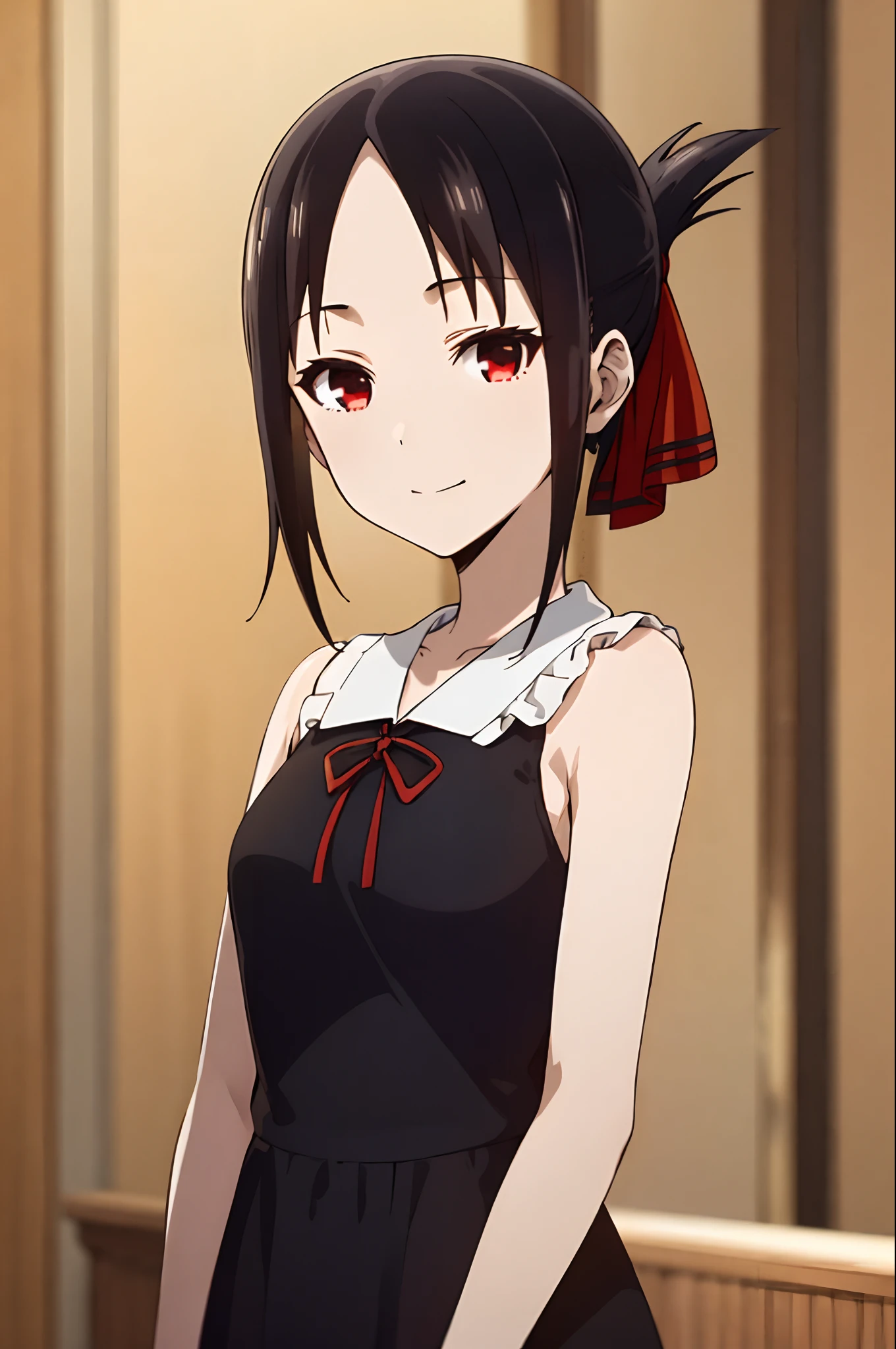 best quality, (masterpiece:1.2), detailed,
shinomiya kaguya,
1girl, solo, closed mouth, light smile,
black hair, red eyes, short hair, folded ponytail, hair ribbon, black dress, red ribbon,
standing, looking at the viewer, medium breasts, ((cum on face, upper body))